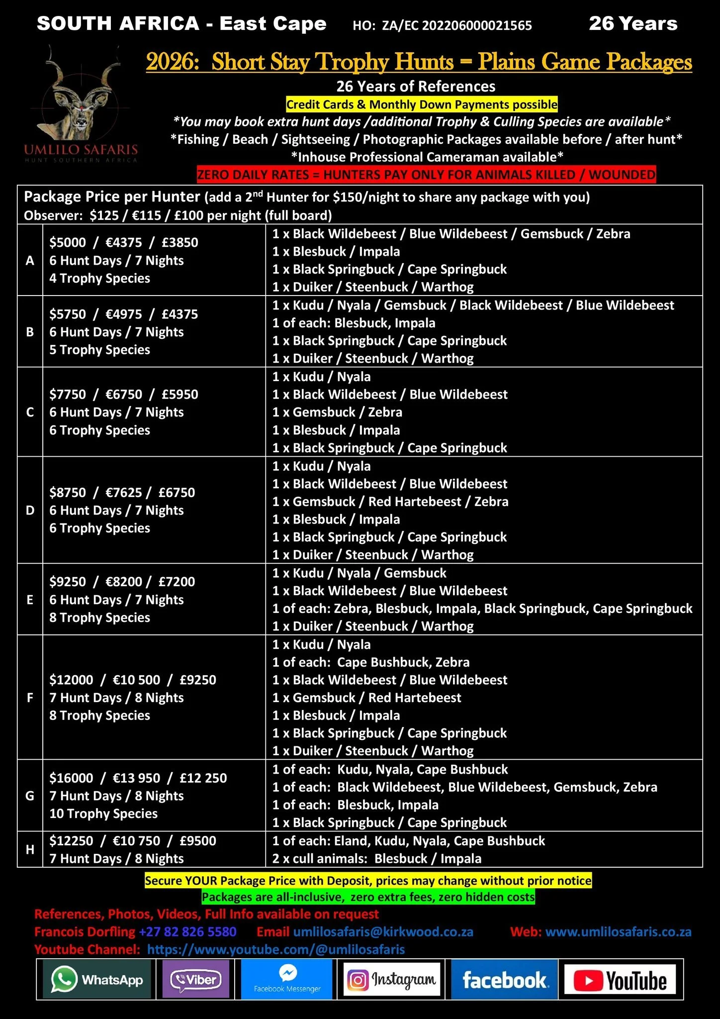 Information sheet for short stay trophy hunts in South Africa's East Cape, outlining packages, prices, species, and additional details.