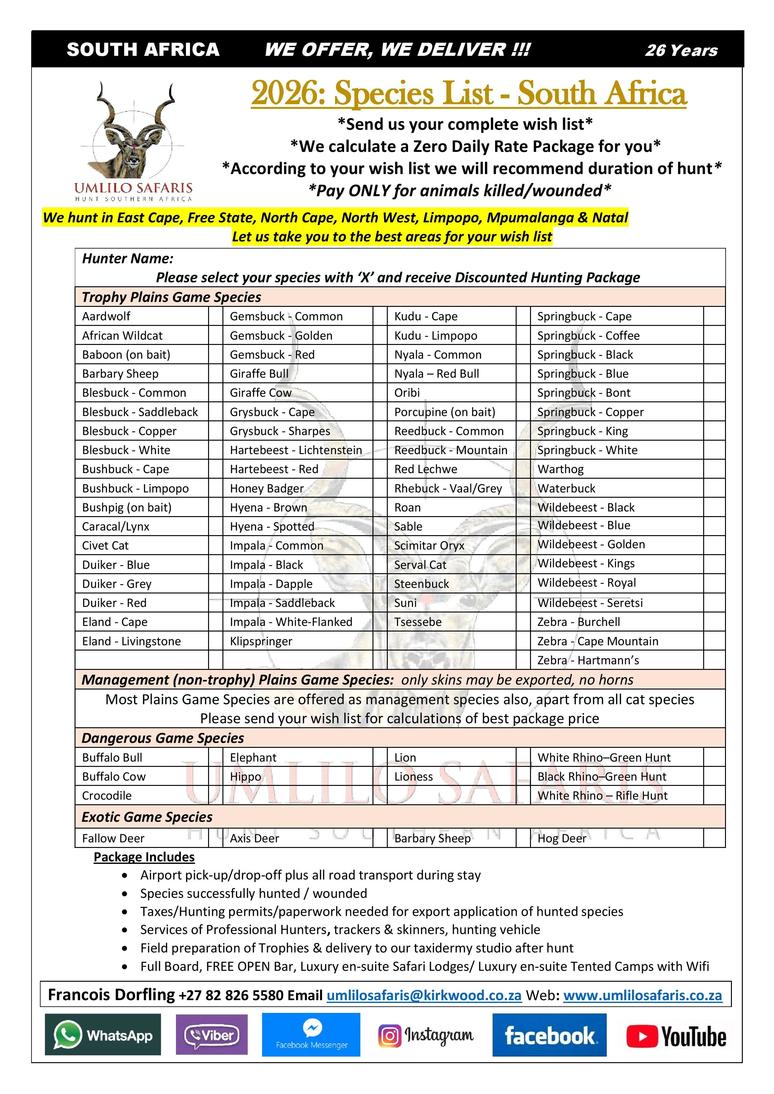 A list of South African hunting services offered by Umlilo Safaris, including species available for hunting, management, and dangerous game species, with contact information and social media links at the bottom.