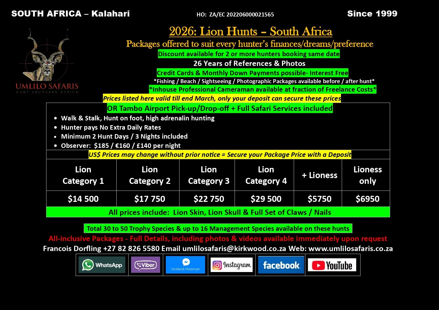 Advertisement for lion hunting safaris in South Africa by Umlilo Safaris, offering packages with various prices, including full safari services, at Tambo Airport pickup/drop-off, with options for different categories based on trophy size, with prices in USD. The ad highlights details about hunt durations, costs, and inclusions, with contact information and social media icons at the bottom.