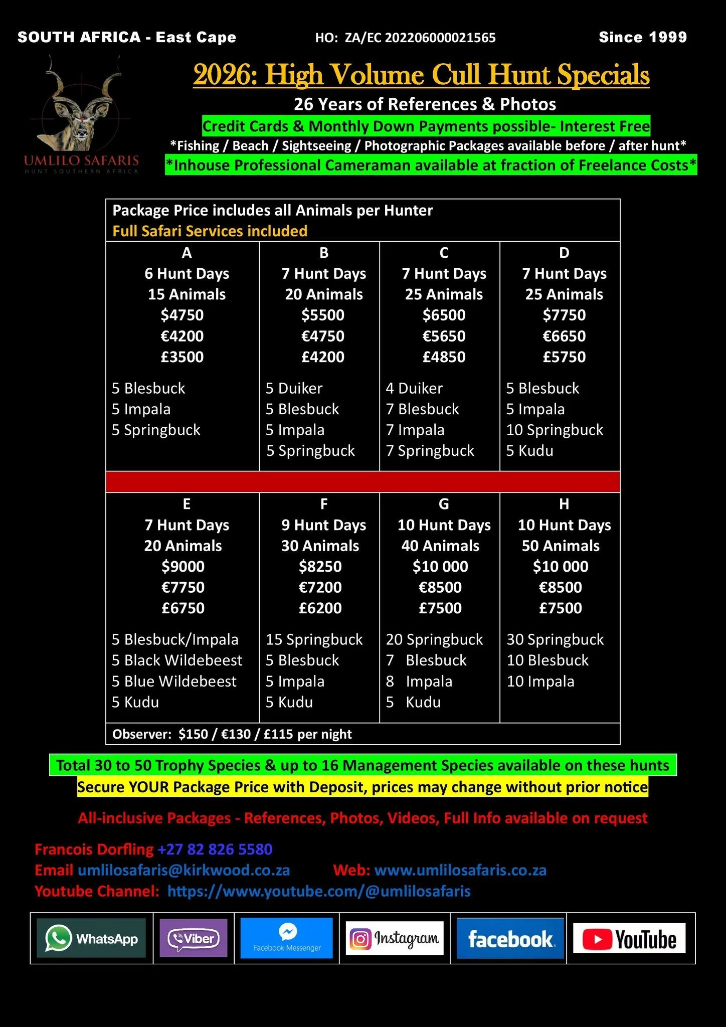 Advertisement for Umlilo Safaris offering high volume hunting packages in South Africa's East Cape. The flyer details various hunting packages with durations, animal counts, prices in USD, Euro, and GBP, and species included. It highlights professional cameraman services, payment options, and contact information with social media icons at the bottom.