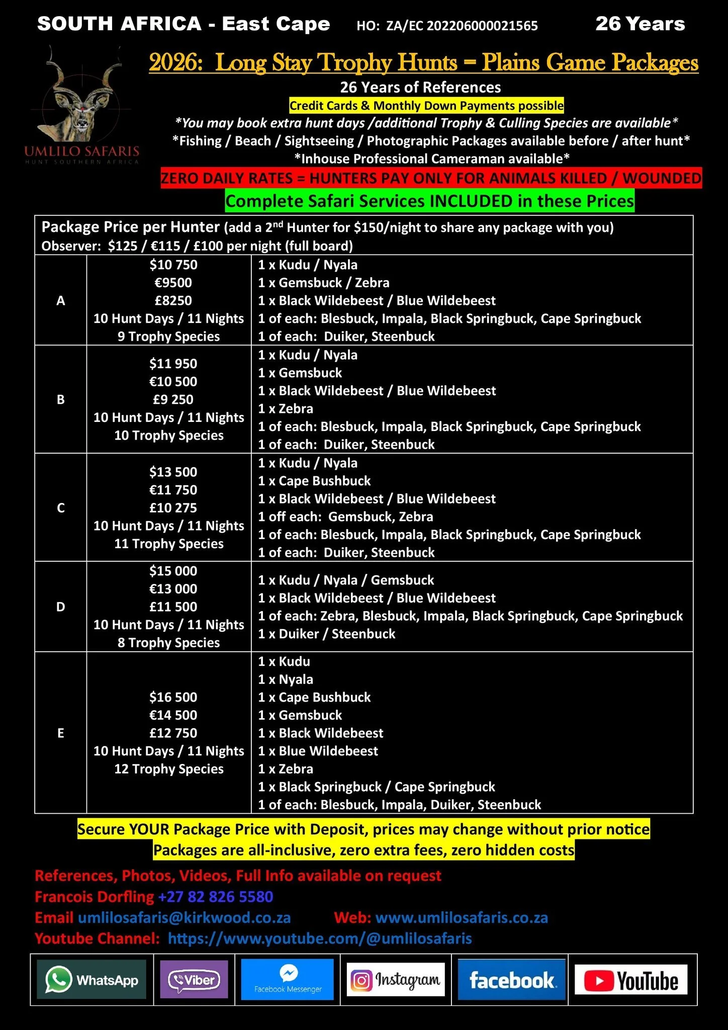 A detailed flyer for Umlilo Safaris advertising long stay trophy hunts in South Africa's East Cape for 2026. The flyer lists package options with prices, the animals included, and services provided. It emphasizes zero daily rates, all-inclusive packages, and contact details, including phone, email, website, and social media links.