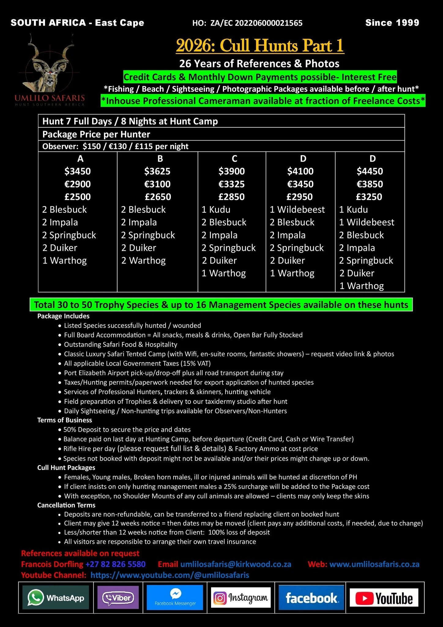 A detailed hunting safari offer poster for South Africa's East Cape, featuring prices, packages, and inclusions for 2026 Cull Hunts, with information on booking, accommodation, and contact details.