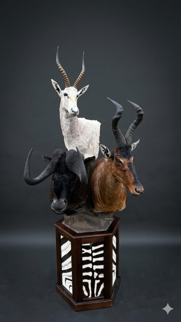 A sculpture of three mounted animal heads on a wooden pedestal: a white antelope at the top with long curved horns, a black buffalo at the bottom left, and a brown deer at the bottom right all with large horns.