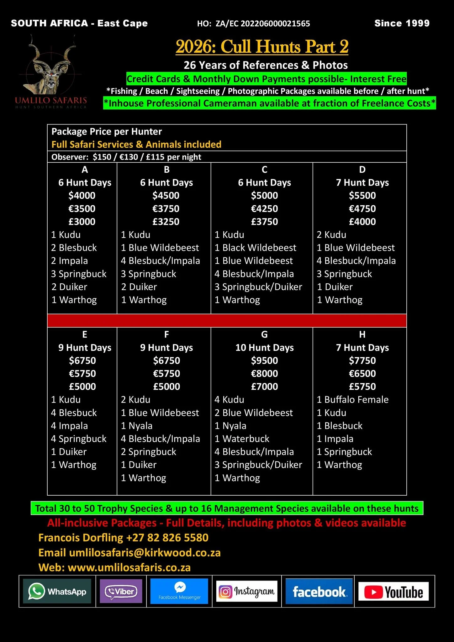 A hunting price list for Umlilo Safaris in South Africa. It includes various package options, prices in USD, euros, and GBP, and details of game species for different hunt durations. Contact info and social media icons are also present.