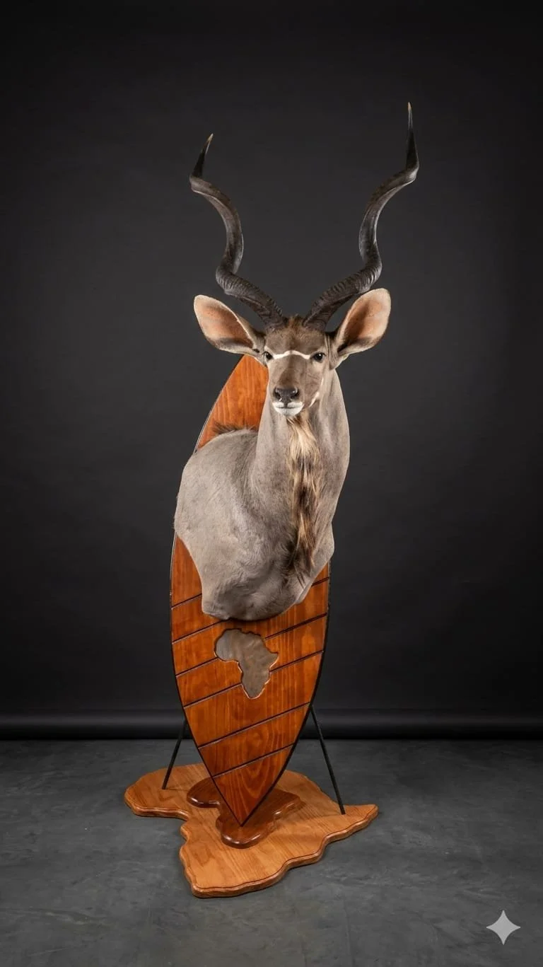 Taxidermy mount of an antelope with large twisted horns mounted on a wooden shield-shaped plaque.