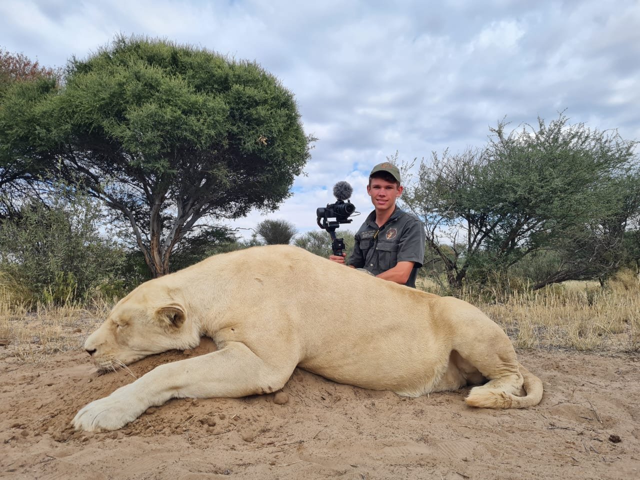 A young man in a dark uniform kneeling behind a large, resting lioness in a savanna landscape with trees and a cloudy sky.
