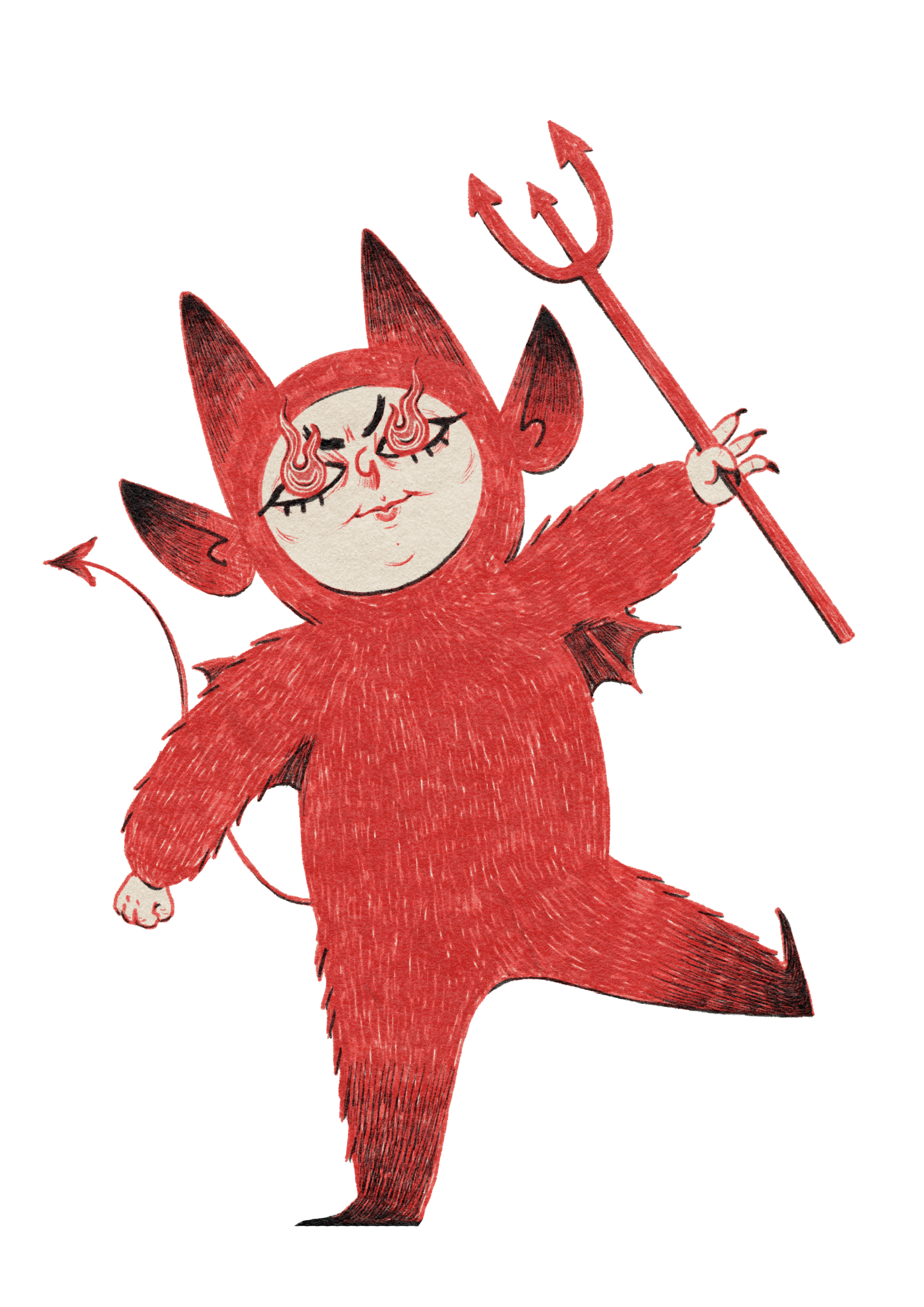 Drawing of a mischievous devil with red fur, horns, wings, and tail, holding a red trident, with curled eyebrows and a smirk.