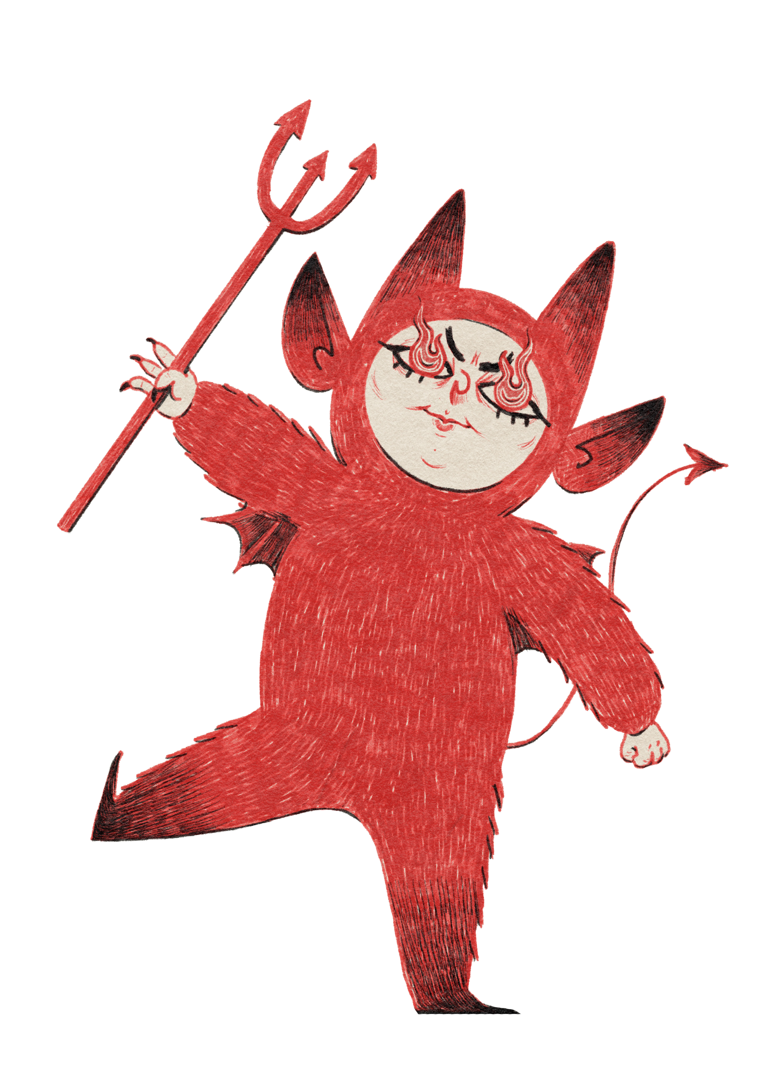 A cartoon illustration of a red creature with a devil-like appearance, holding a trident in its right hand, standing on one leg, with a mischievous expression and closed eyes.