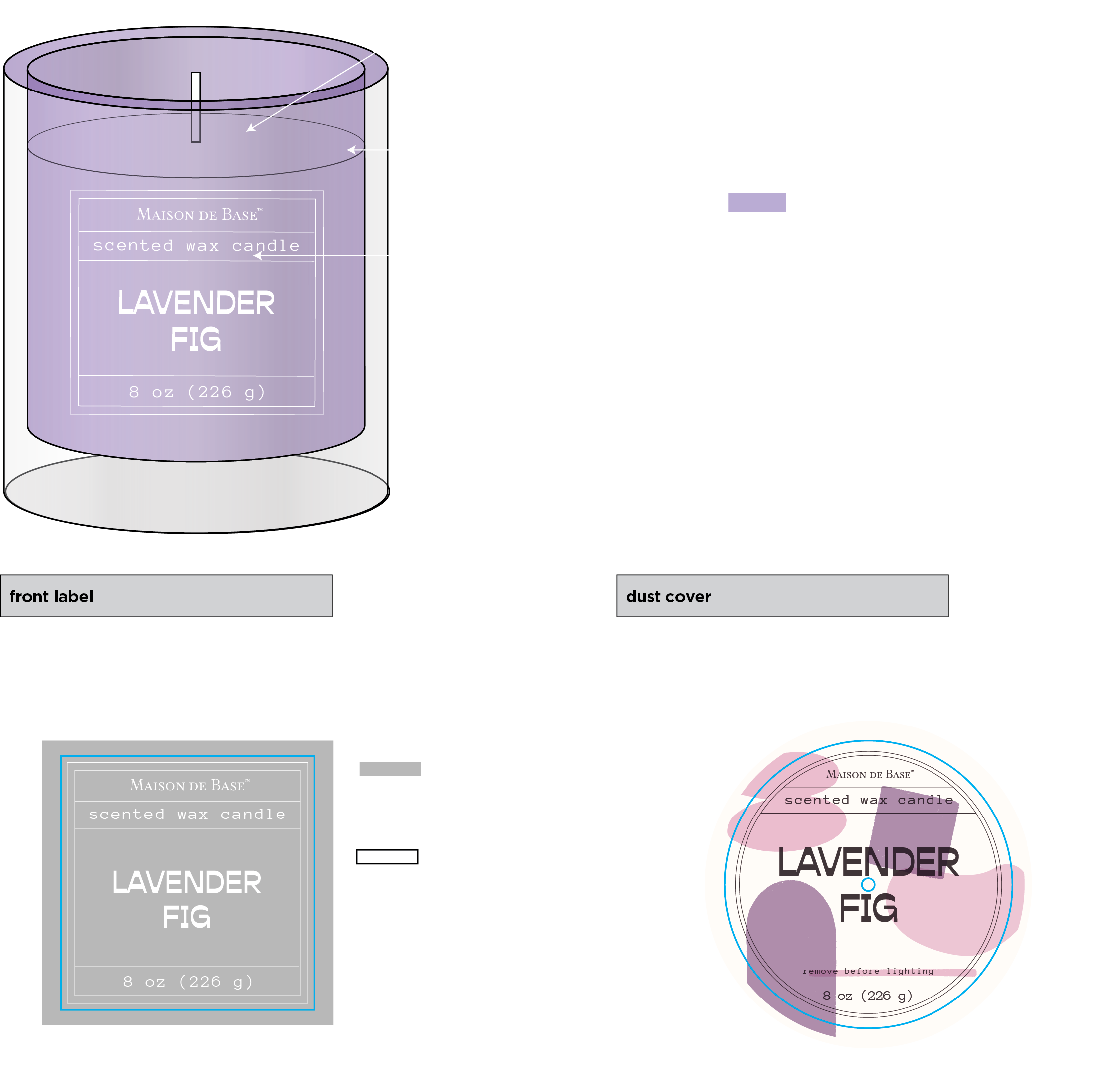 Diagram of a lavender scented wax candle with detailed labels explaining the components, materials, and printing instructions for the candle's packaging and label design.