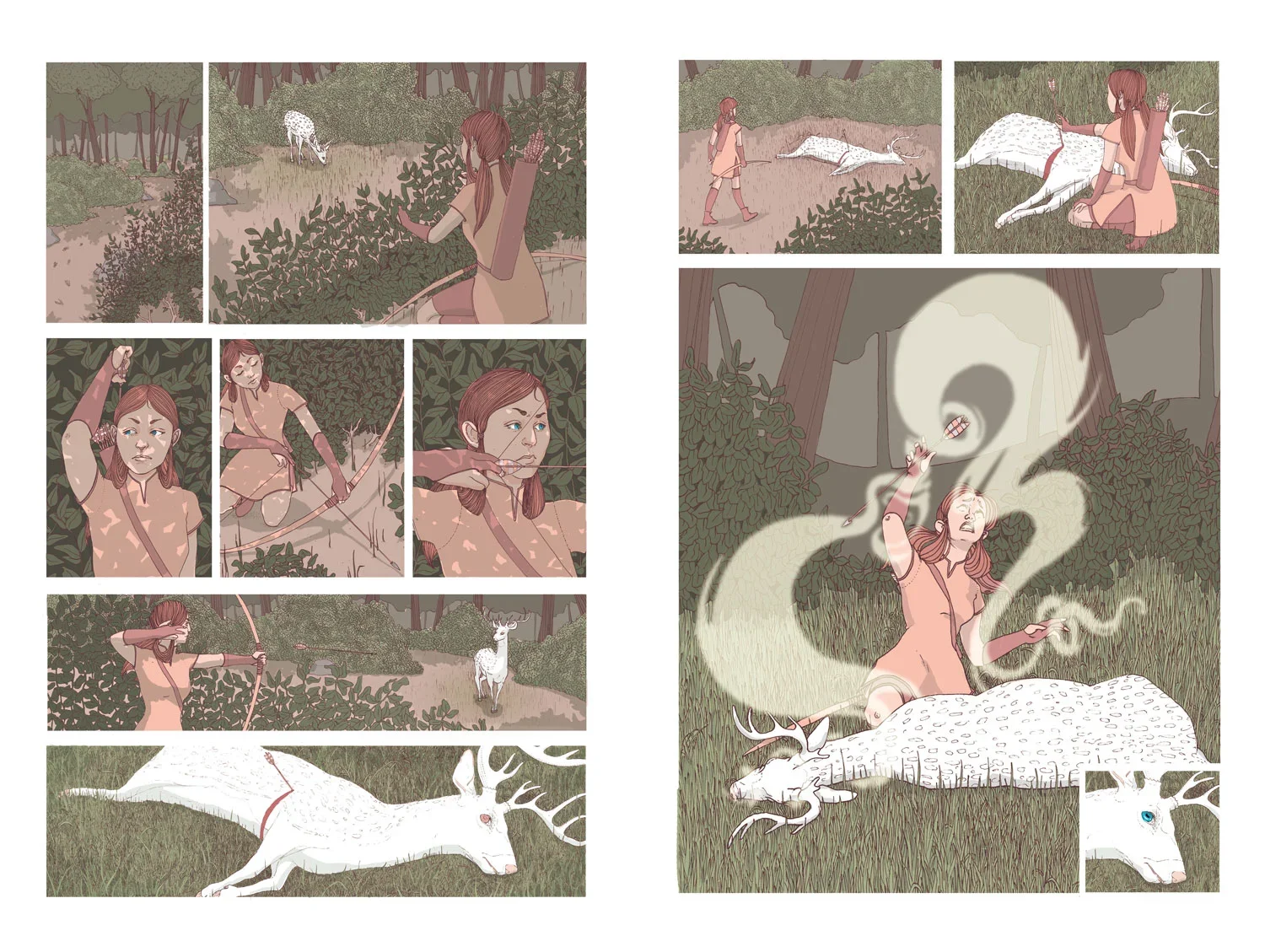 A girl with a bow and arrow in a forest, shooting a deer, which is then stunned and shows signs of transforming into a ghostly creature with bright blue eyes and antlers.