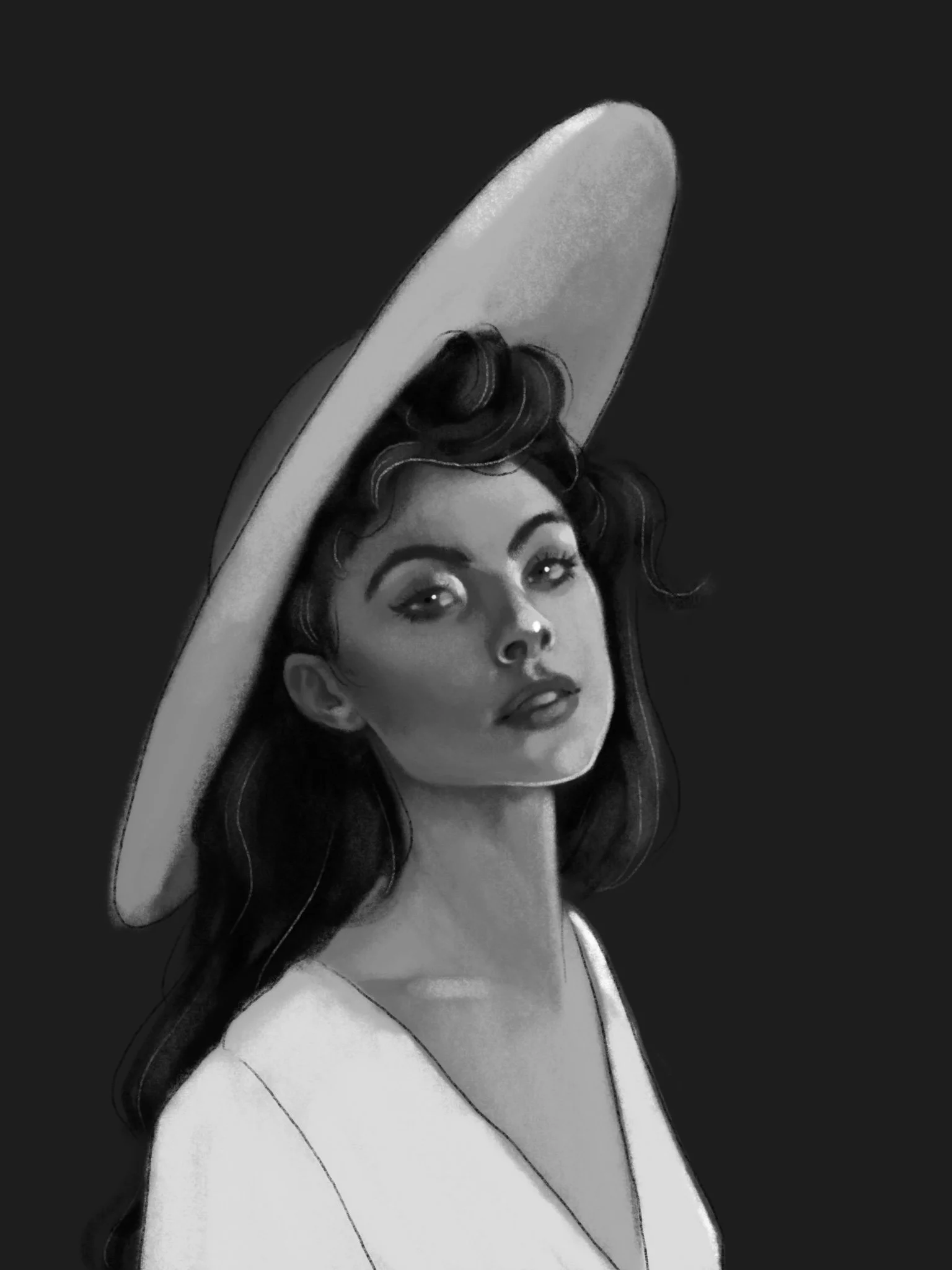 Black and white digital portrait of a woman with long dark hair wearing a wide-brimmed hat and a white top, against a dark background.