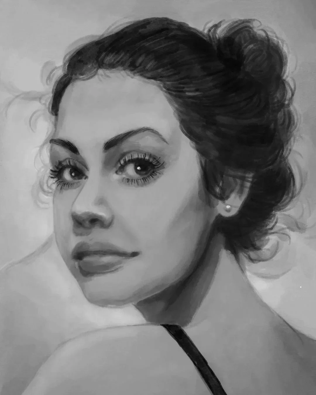 Black and white portrait drawing of a woman with dark, curly hair styled in an updo, looking over her shoulder with expressive eyes.