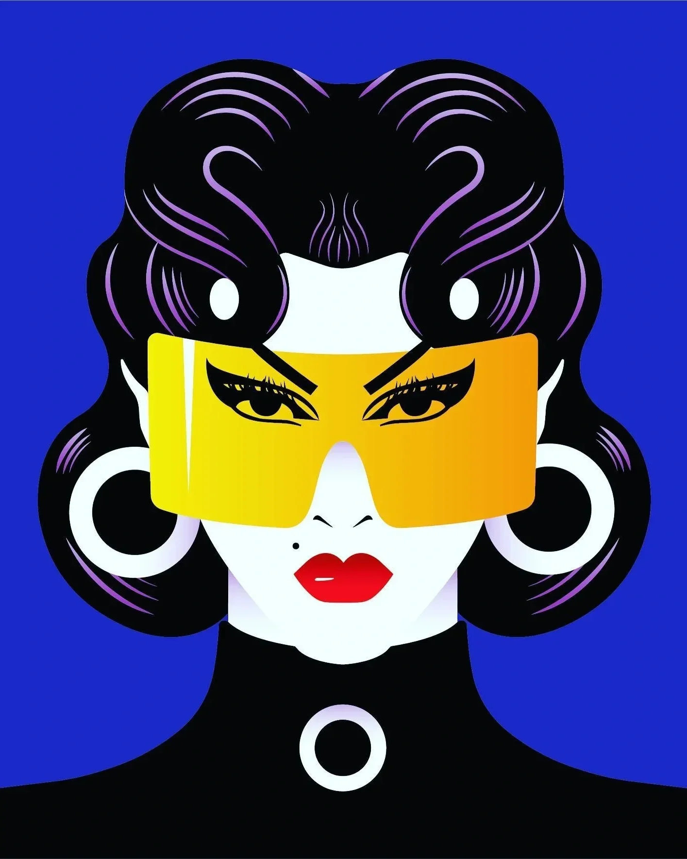 Stylized digital illustration of a woman with black hair, large circular earrings, red lipstick, and wearing yellow sunglasses with a reflective surface.