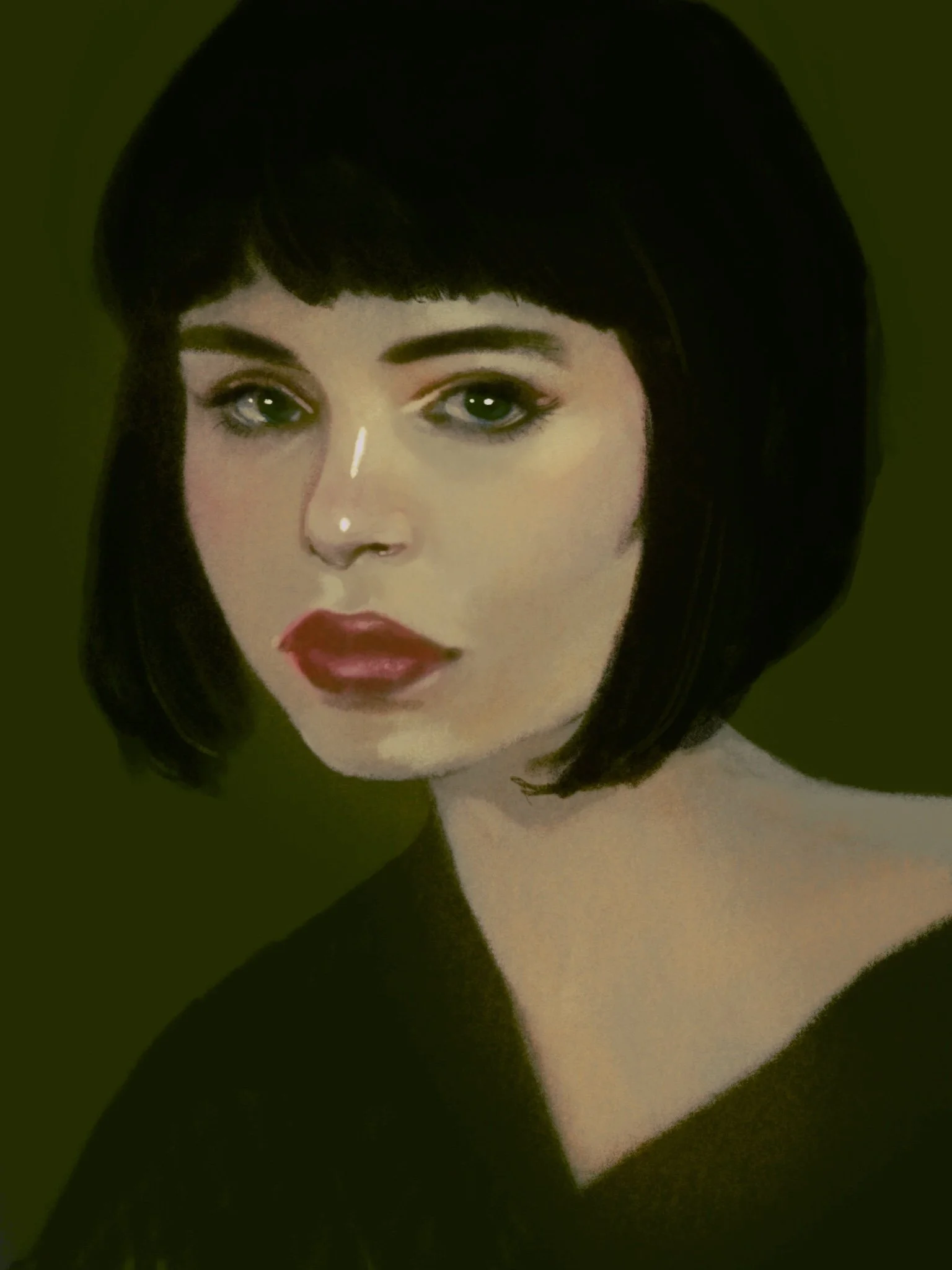 Portrait of a woman with short black hair, green eyes, red lipstick, and wearing a black top, against a dark green background.