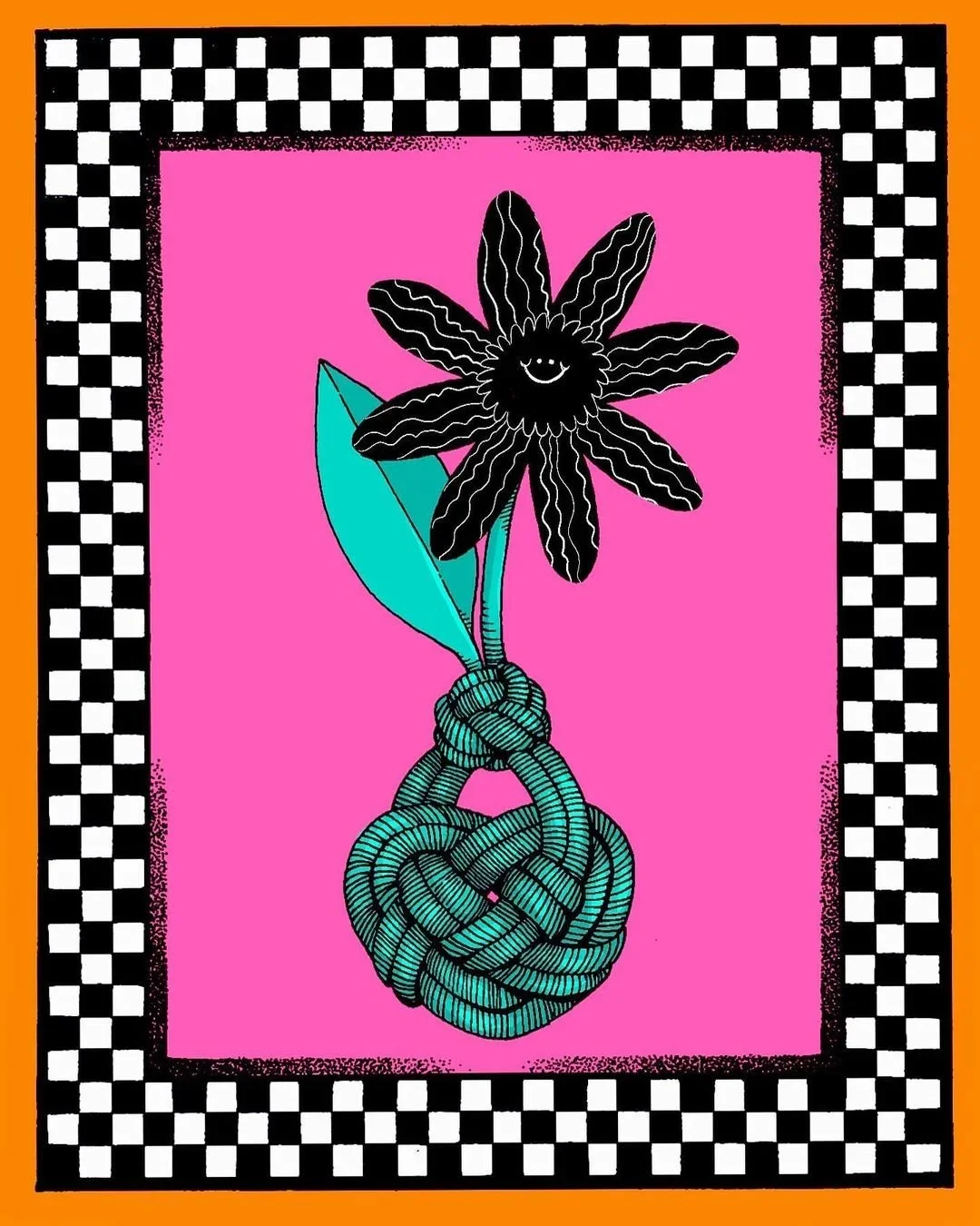 A drawing of a flower with black petals and a smiling face at the center, held by a thick knotted rope tied around a teal leaf, set against a pink background with a black and white checkered border.