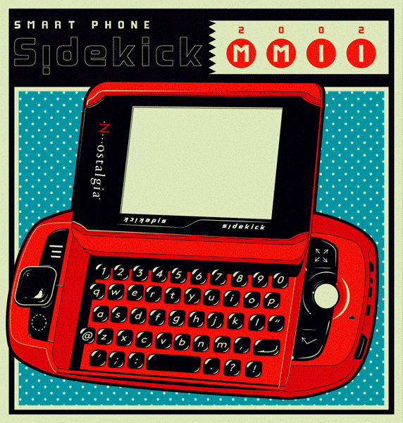 Retro handheld electronic game device called Sidekick with a small screen, black and red design, and a QWERTY keyboard.