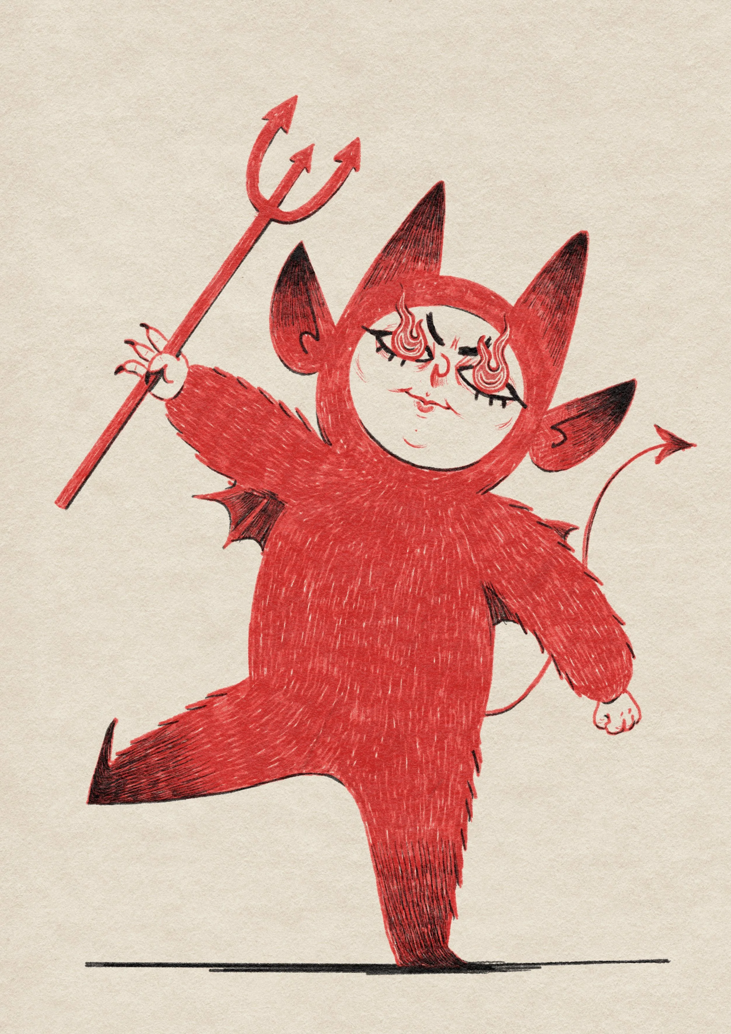 Cartoon devil character with red fur, horns, wings, tail, and holding a trident, standing on one leg with a confident expression.