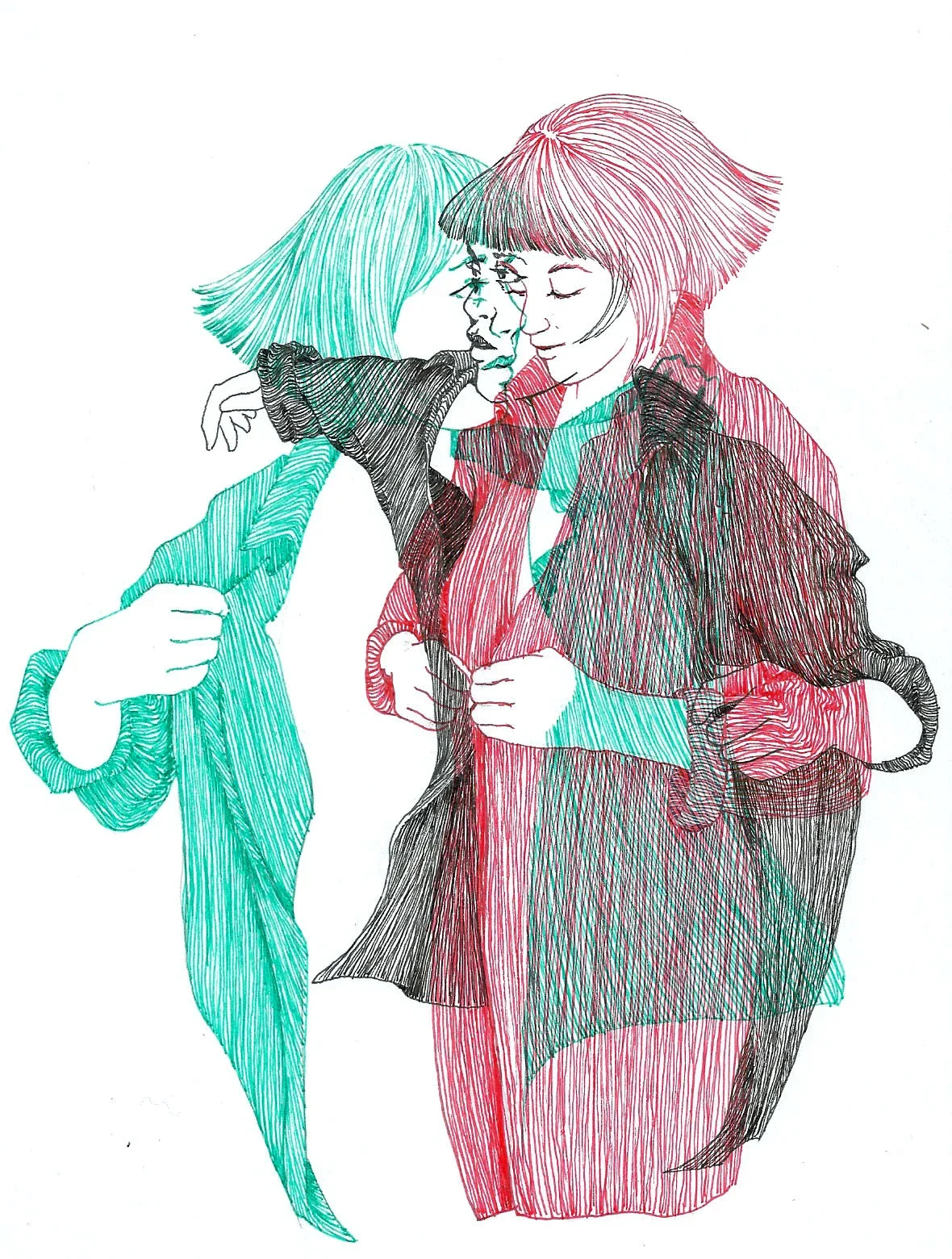 Line art drawing of two women with overlapping outlines in red, black, and teal, embracing each other with closed eyes.