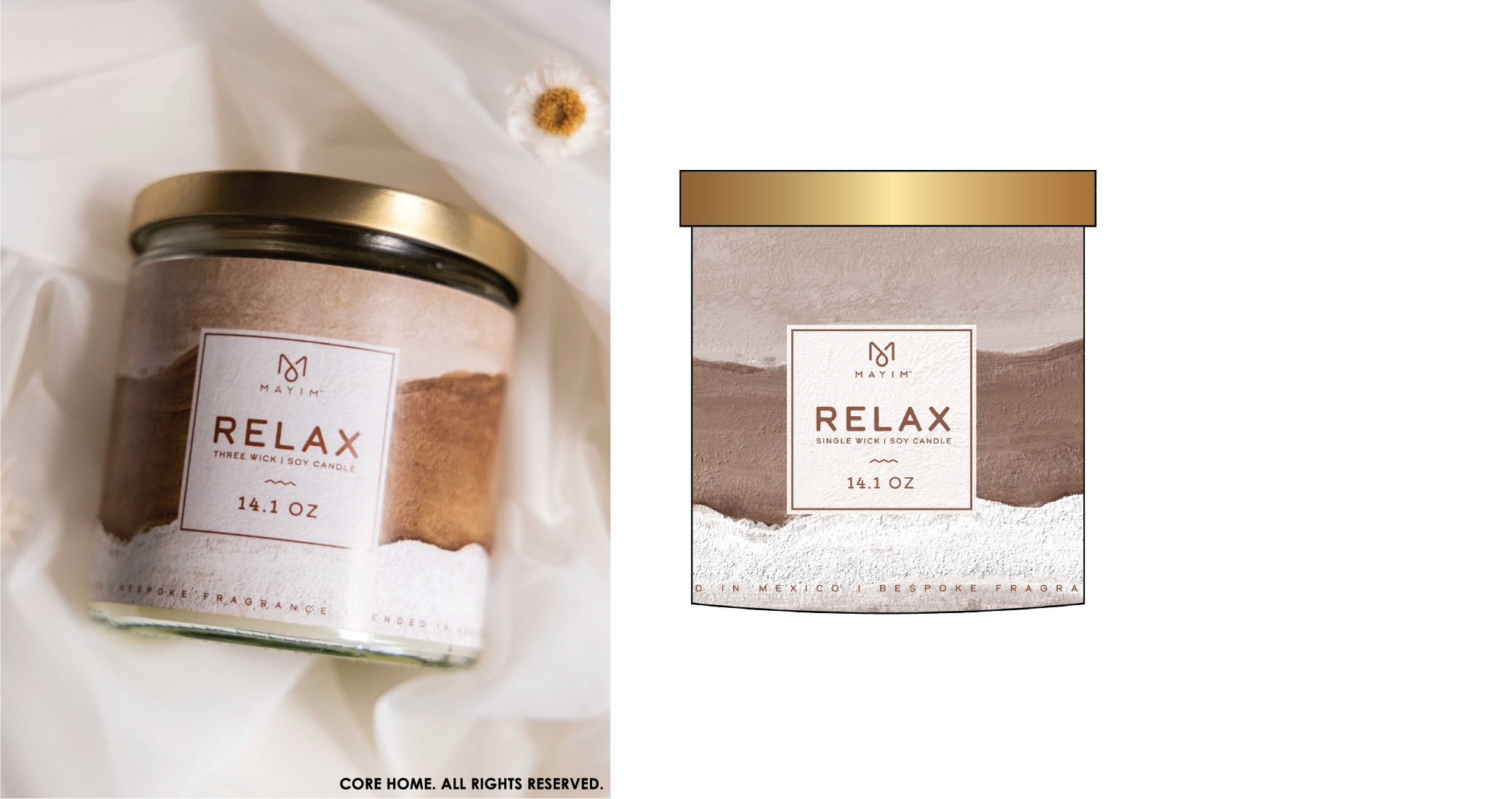 A soy candle labeled 'RELAX' in a metal jar, with a beige and brown painted design and a white and brown label. The jar is placed on a soft, white fabric background, with a small dried flower nearby.