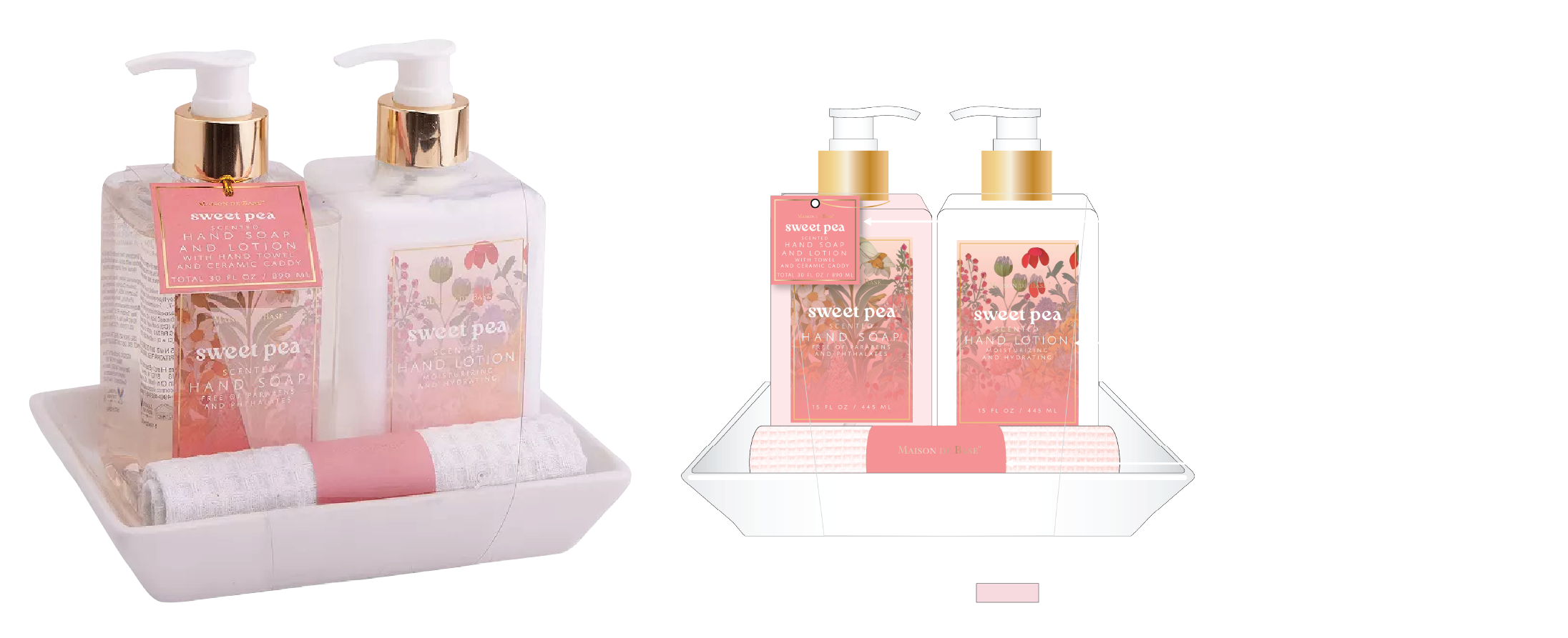 Display of Sweet Pea scented hand soap and hand lotion with pink labels, gold accents, and white packaging on a bathroom shelf.