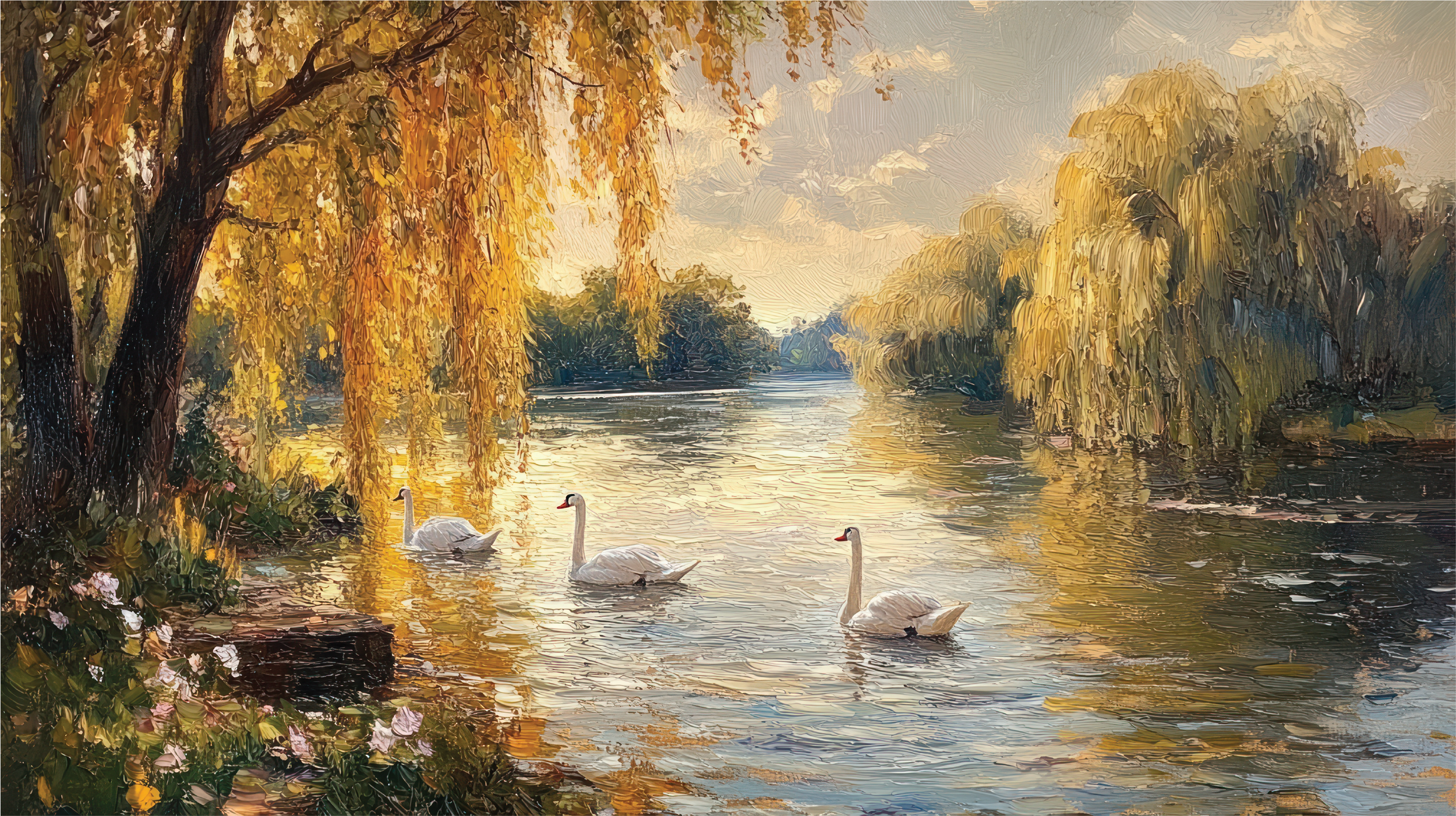 A painted landscape scene of a river with three swans swimming, surrounded by yellow and green trees, with reflections in the water, under a cloudy sky.