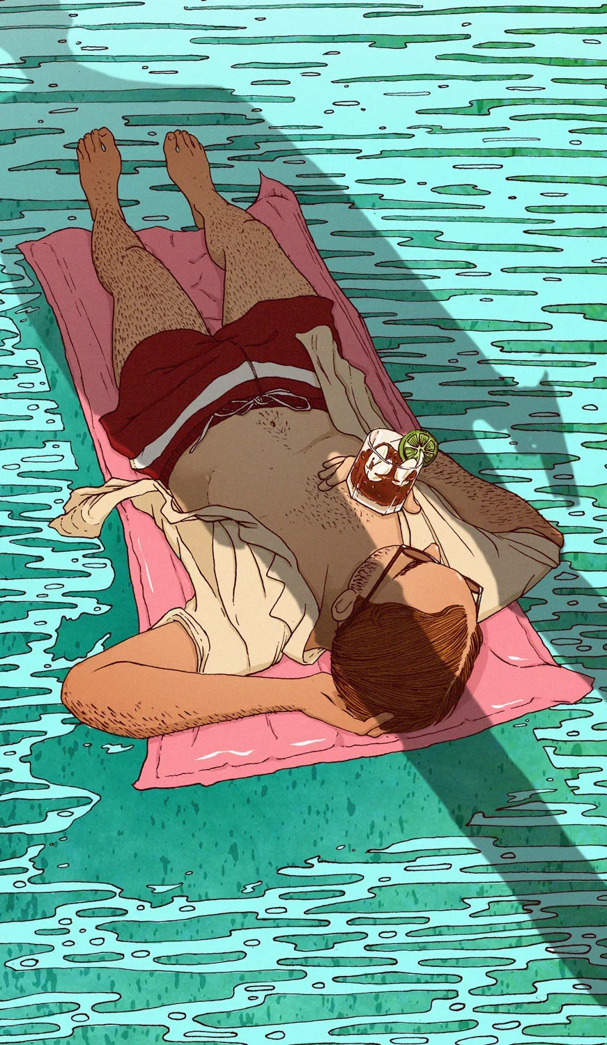 A person with brown hair, wearing glasses, a beige shirt, and red shorts, is lying on a pink float in a pool, holding a glass with a drink and lime slice underwater.