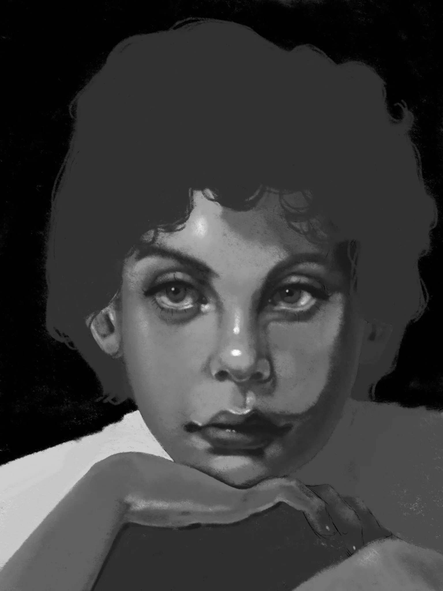 Black and white portrait of a woman with curly hair resting her chin on her hand, with a serious expression.
