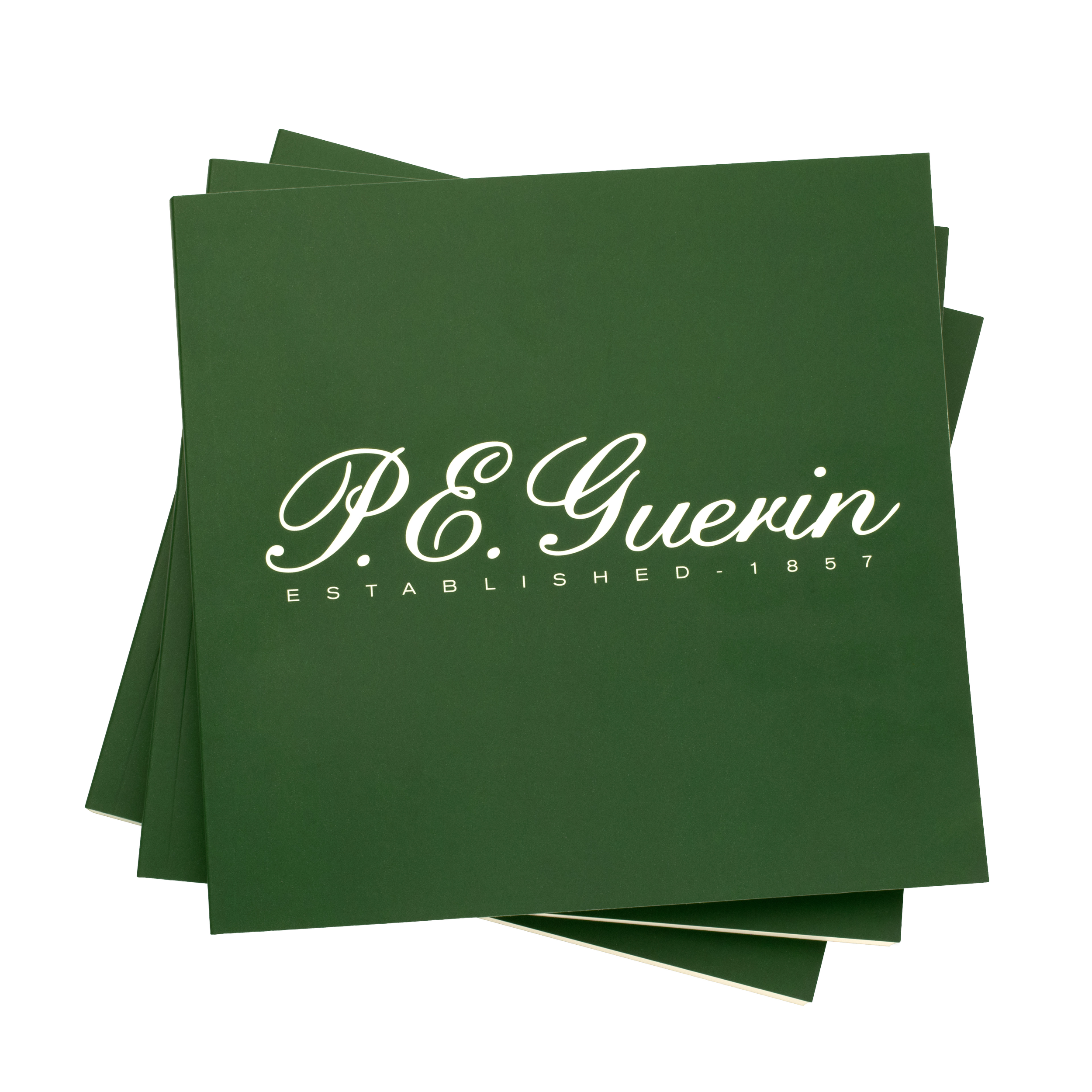 Stack of green square cards with elegant white text reading 'P. E. Guerin Established 1857'.