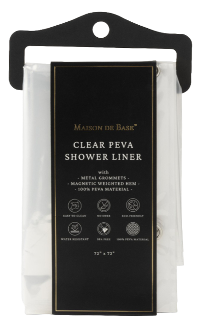 Clear PEVA shower liner in packaging with black and gold label, hanging from a hook.