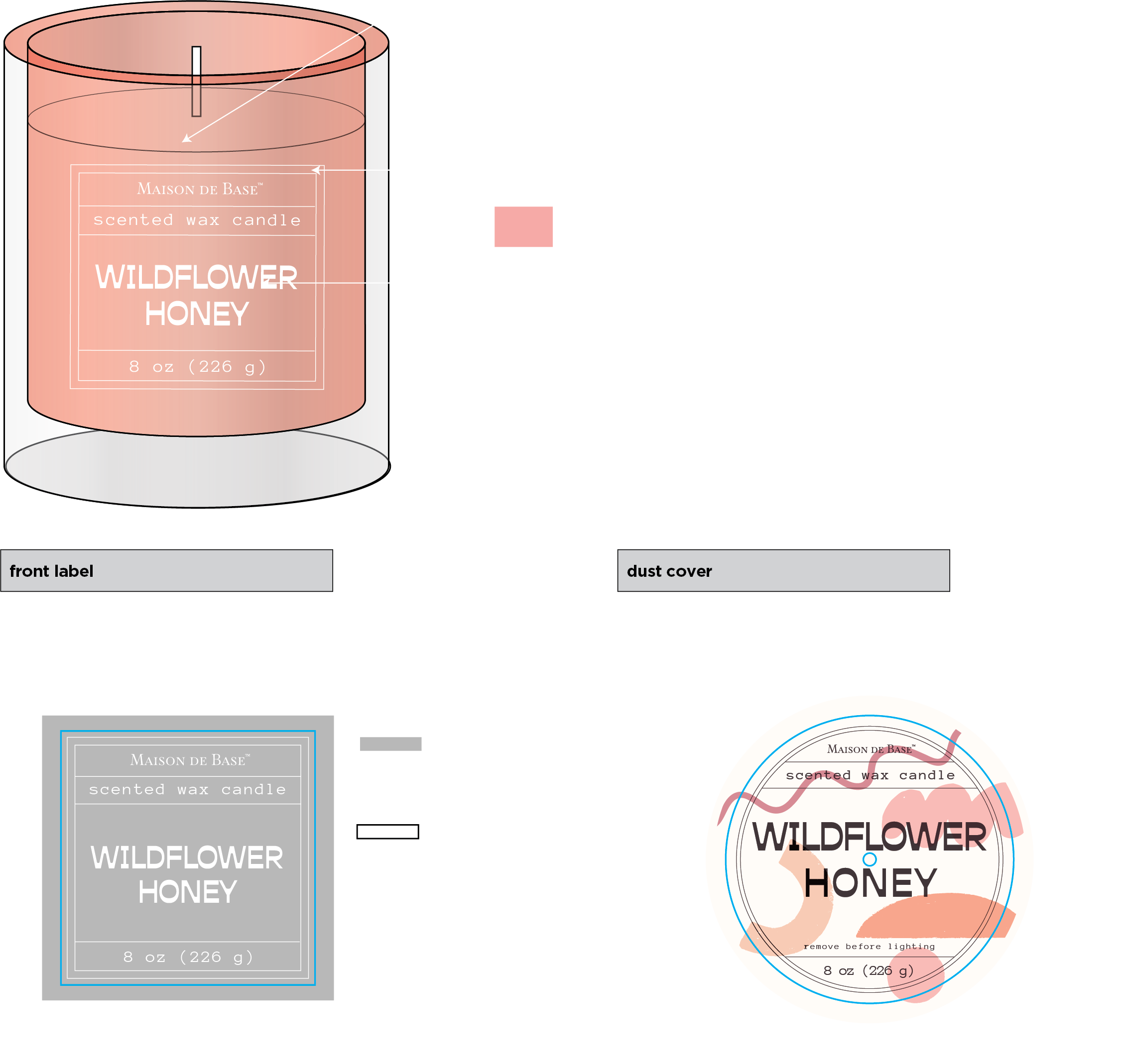 Design plans for a scented wax candle labeled Wildflower Honey, including its size, materials, and printing specifications, with visual representations of the candle and packaging.