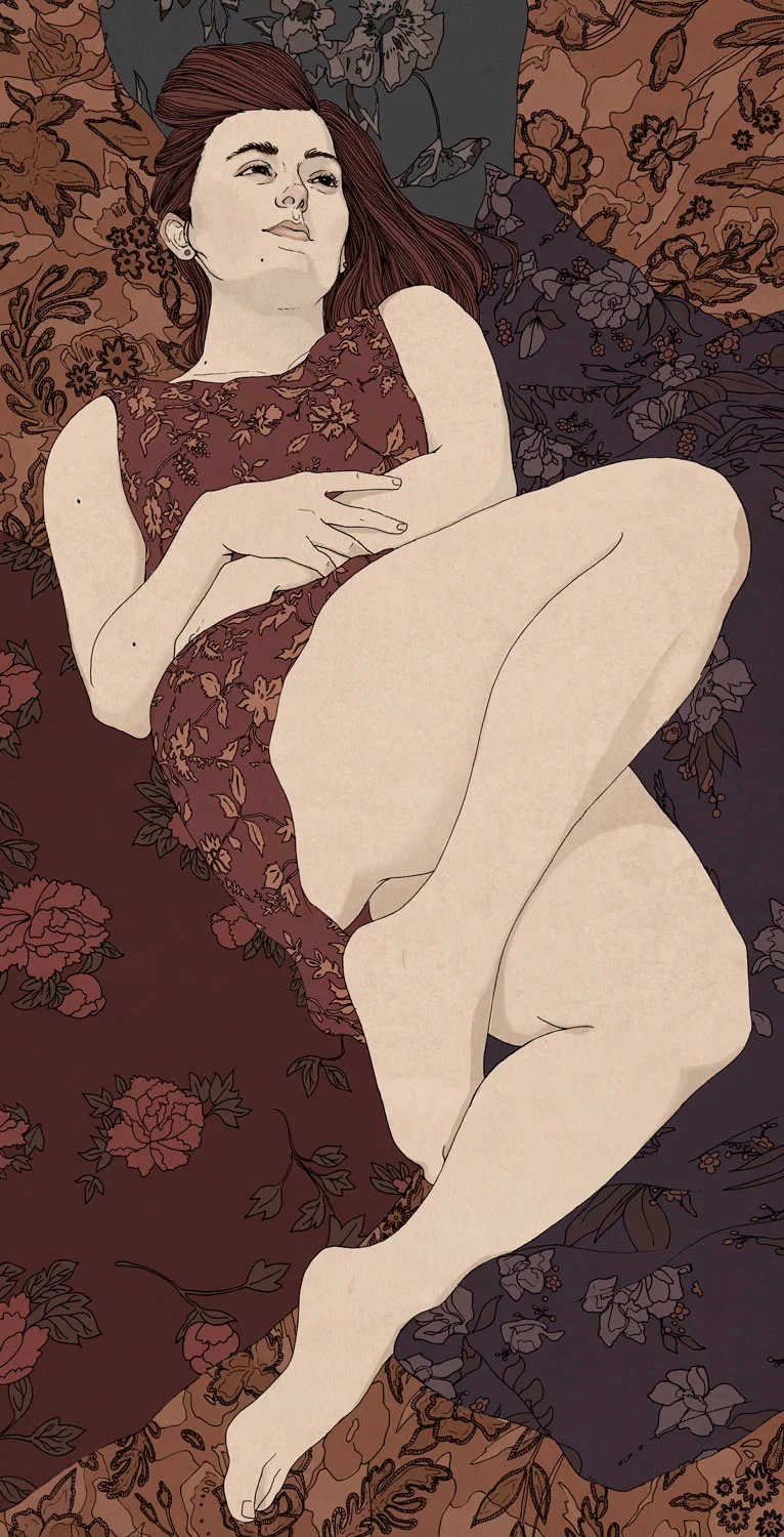Illustration of a woman lying down on floral-patterned sheets, wearing floral clothing, with her eyes half-closed and a slight smile.