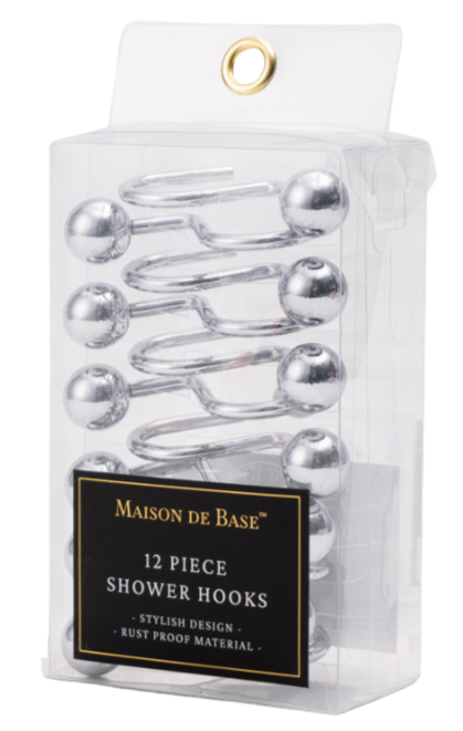 Package of 12 stainless steel shower hooks with spiral design.