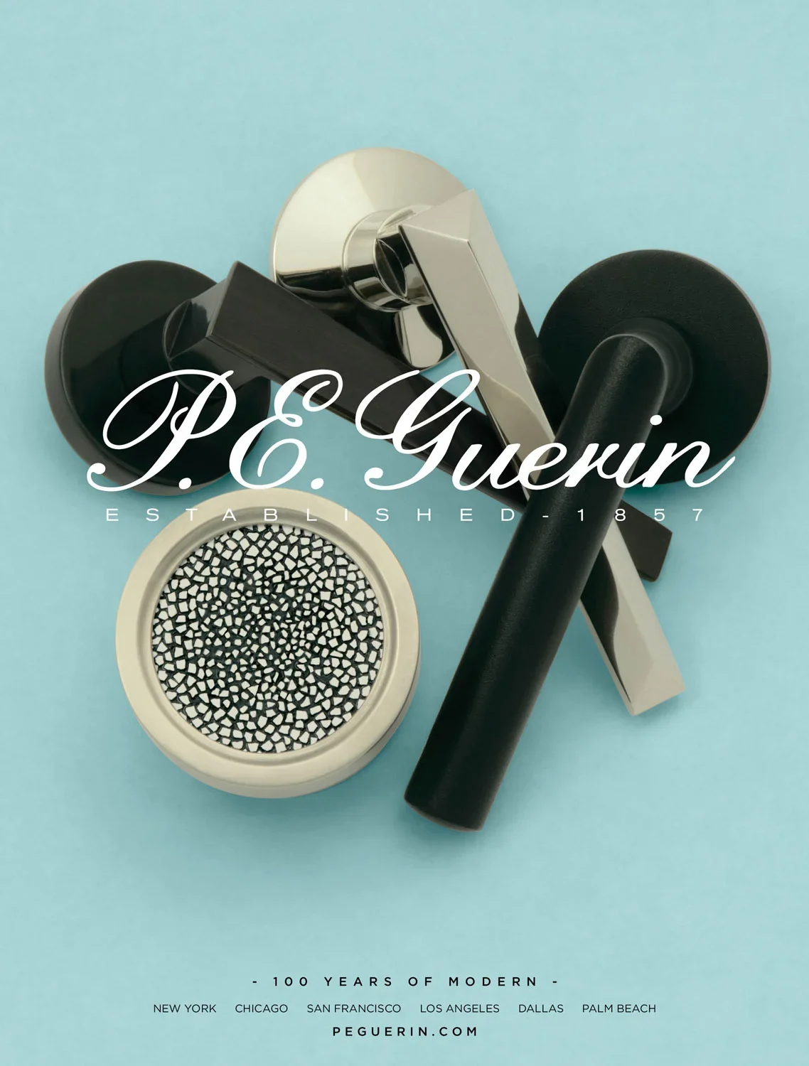 Collection of modern black and white styling tools, including a hairdryer and diffuser, on a light blue background with overlay text and website information.