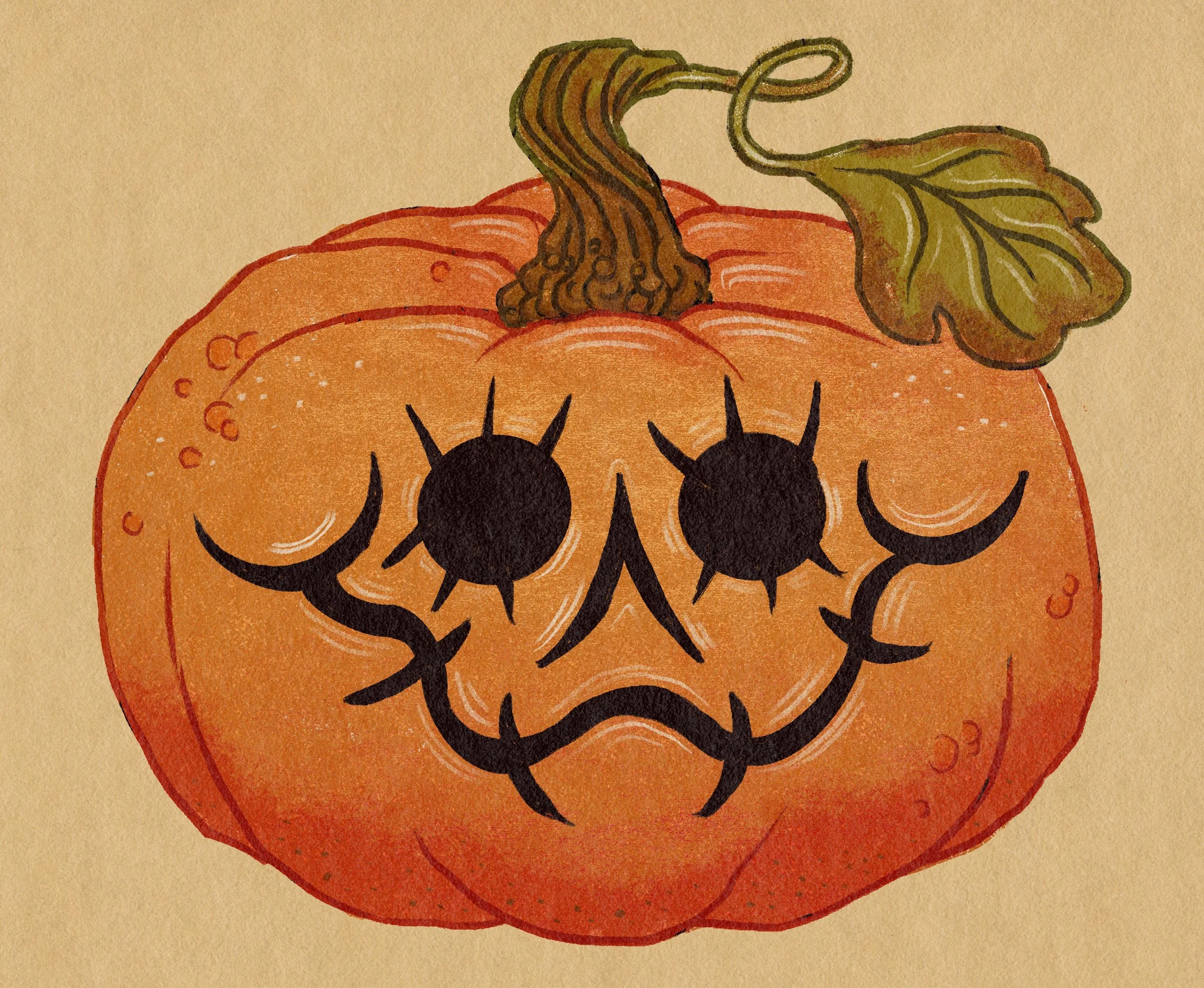 A cartoon-style pumpkin with a creepy face painted on it; the face has large black eyes with star-like pupils, a downturned mouth, and a branch with a leaf attached to the top.