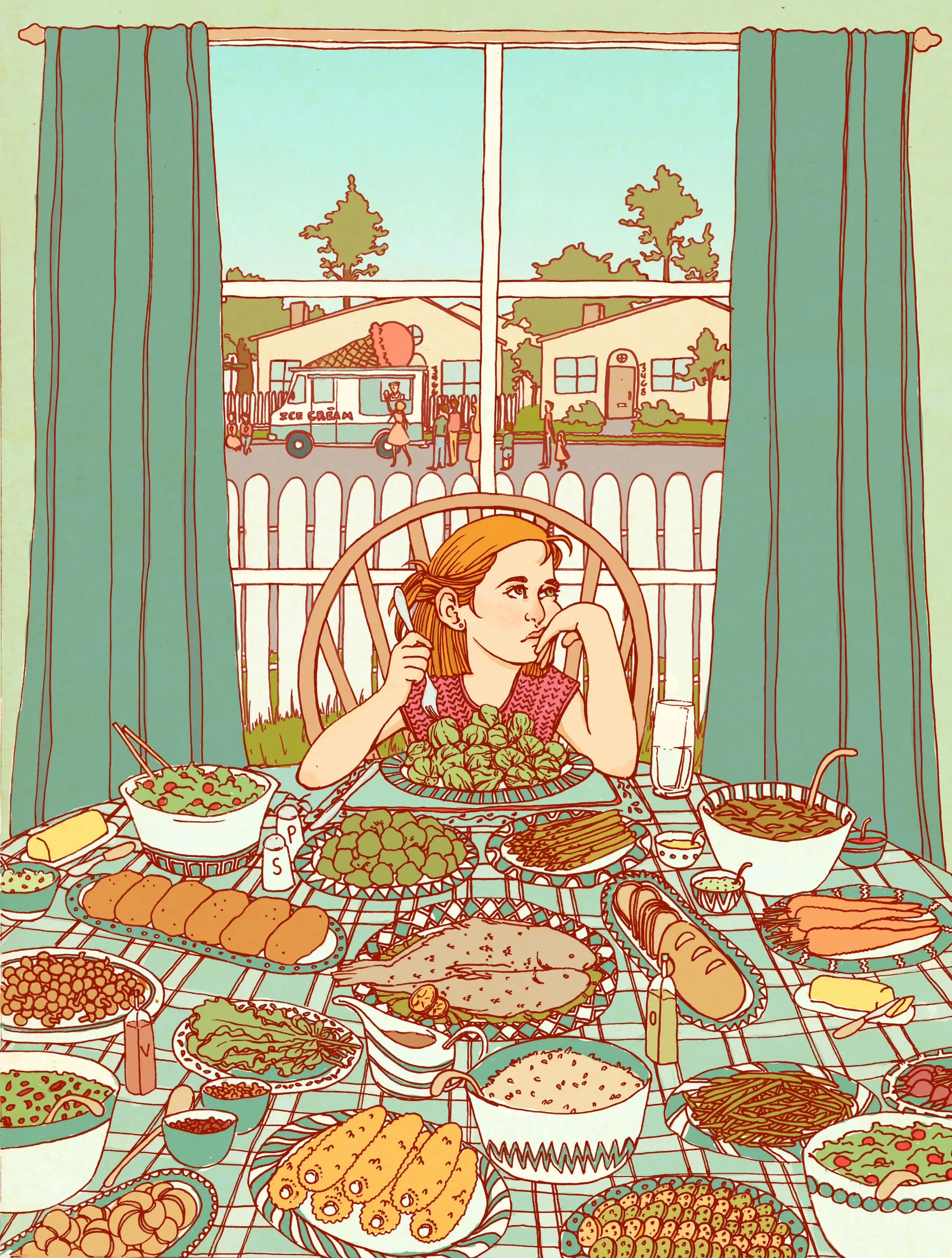 A woman sitting at a dinner table full of various dishes, looking pensively out of a window at a suburban street with a house, a picket fence, and an ice cream truck.