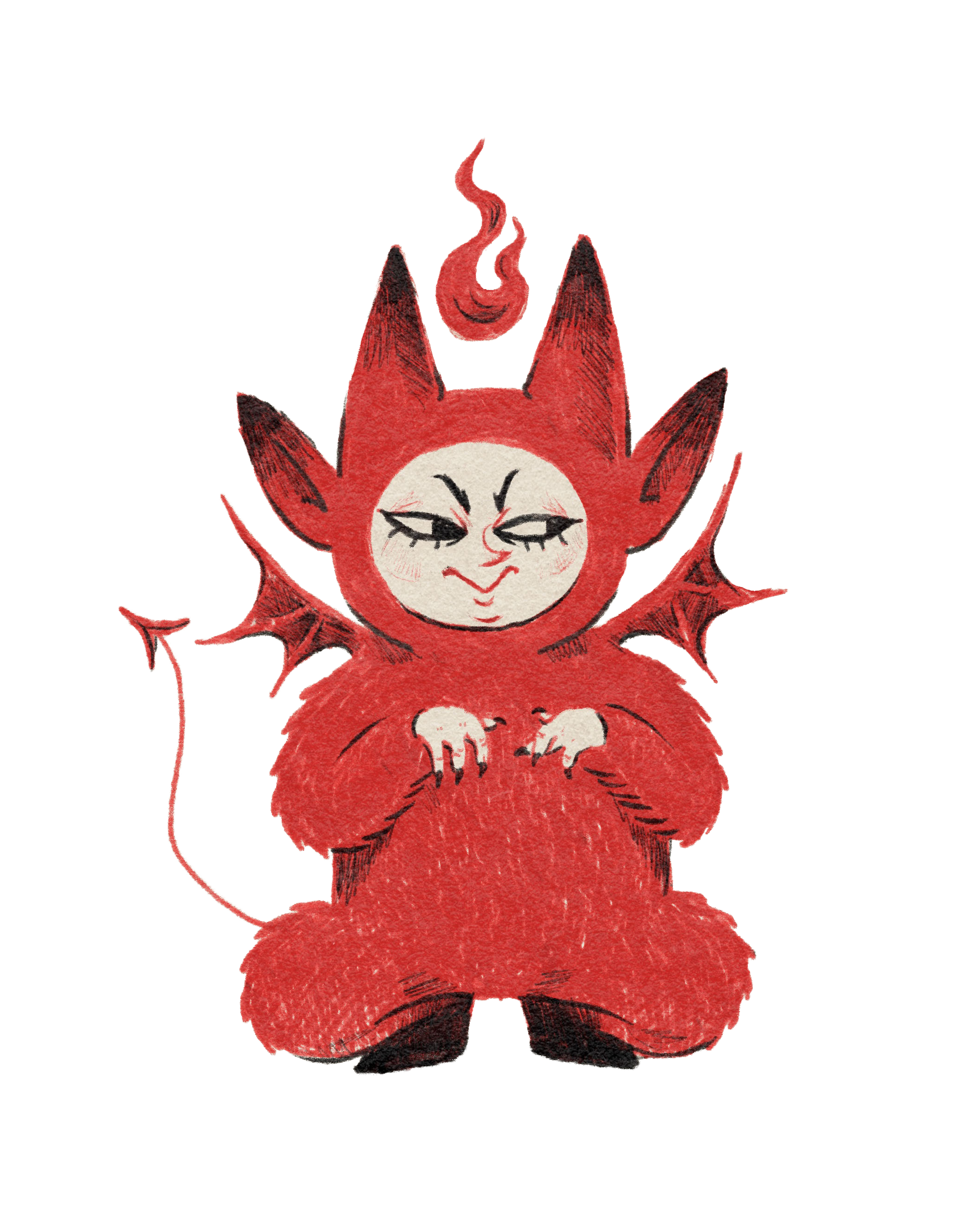 A whimsical illustration of a small, red, furry creature with a mischievous expression, pointed ears, bat-like wings, and a tail with a flame on top of its head.