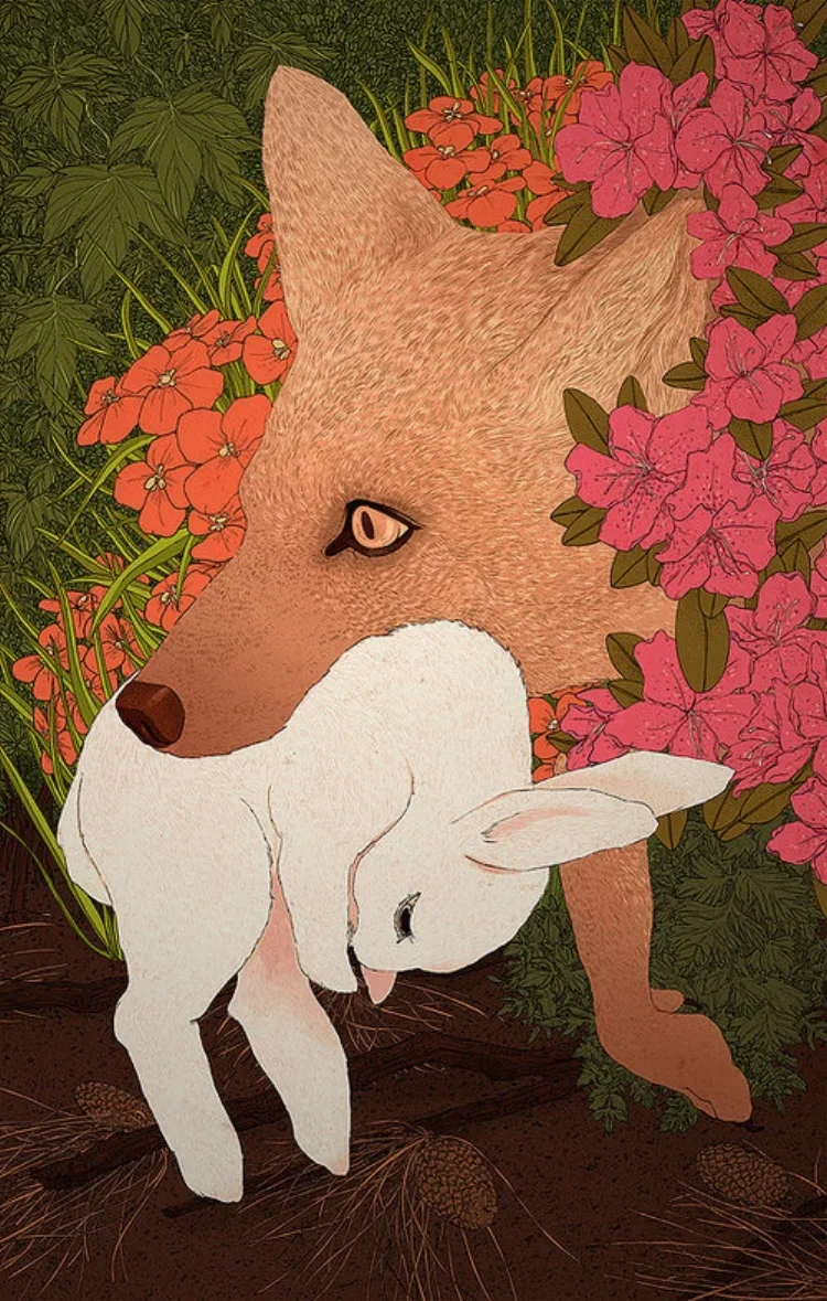 An illustration of a fox and a rabbit among pink and orange flowers and green foliage.