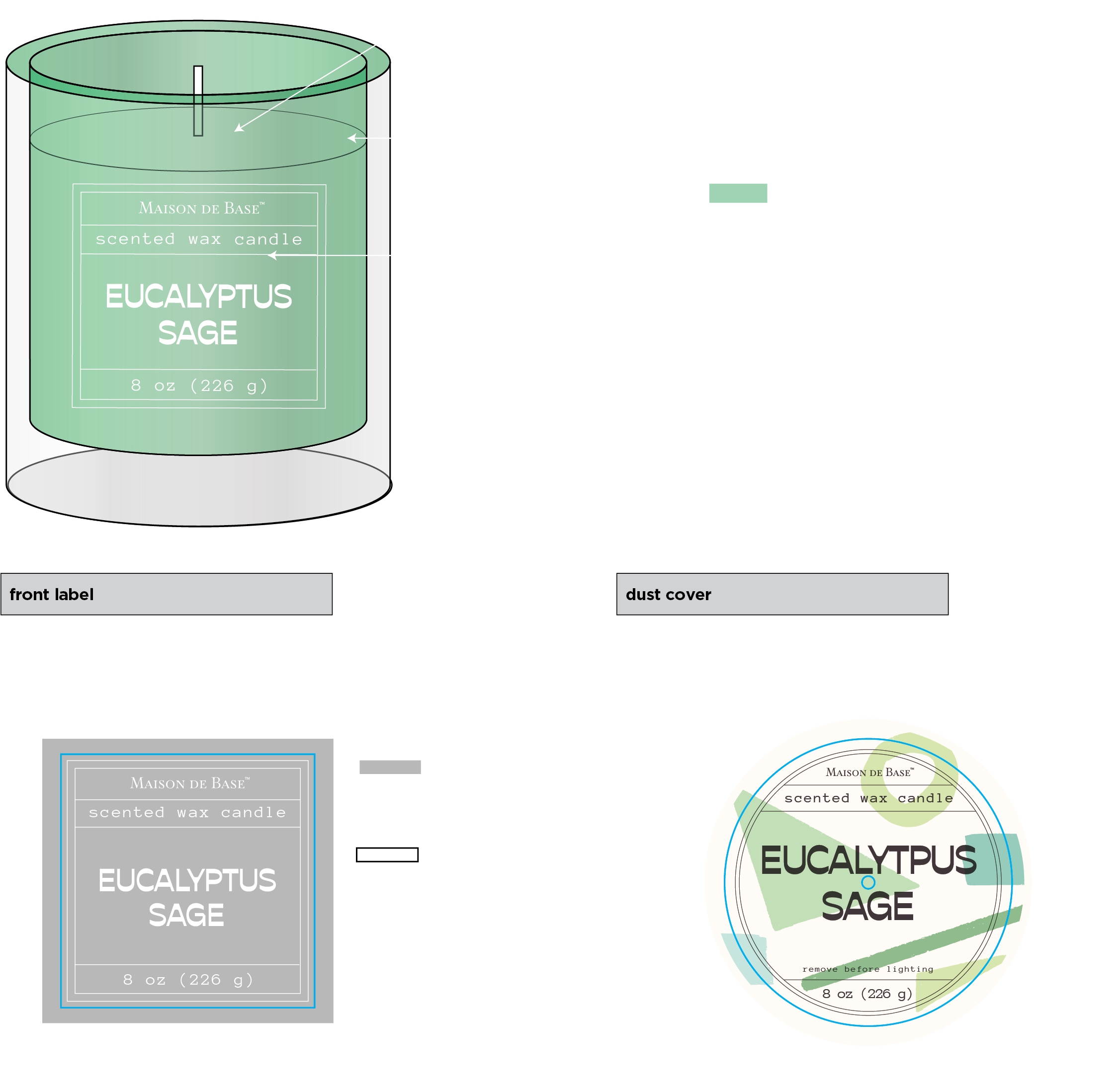 Diagram showing details of a eucalyptus sage scented wax candle by Maison de Base. The candle has a dust cover, a clear sticker and matte label, and scented glass with gloss spray. The label indicates a 8 oz (226 g) candle with white color and eucaly