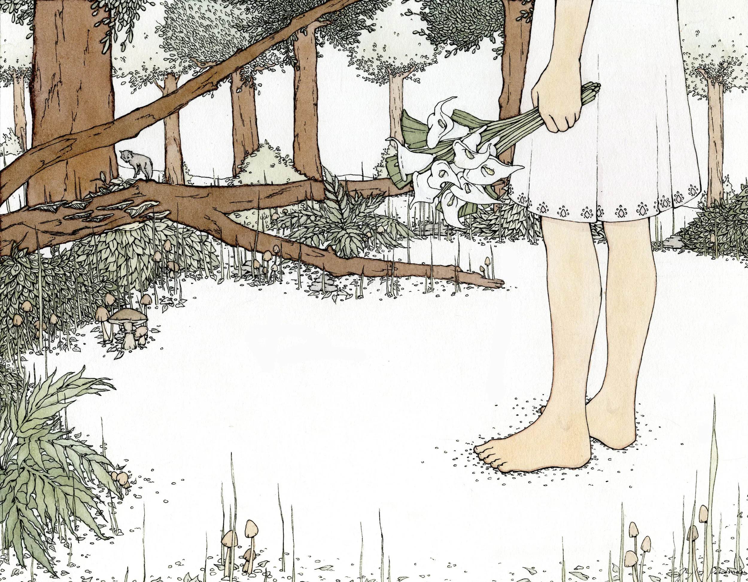 The image depicts the lower half of a girl standing barefoot in a forest, holding a bouquet of white calla lilies. The girl is wearing a white dress with a decorative hem, and barefoot on a white ground. The forest features tall trees, bushes, and mu