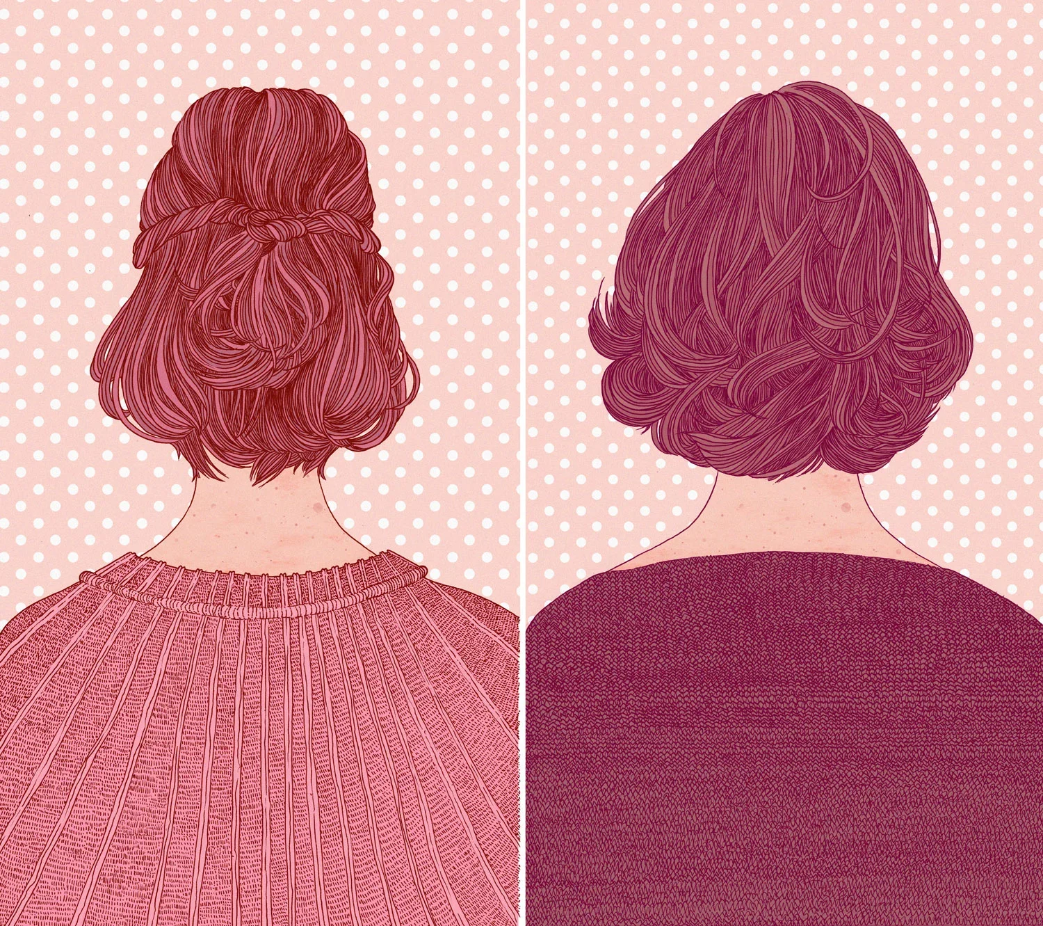Illustration of two women viewed from the back, each with different hairstyles and clothing, set against a pink polka dot background.
