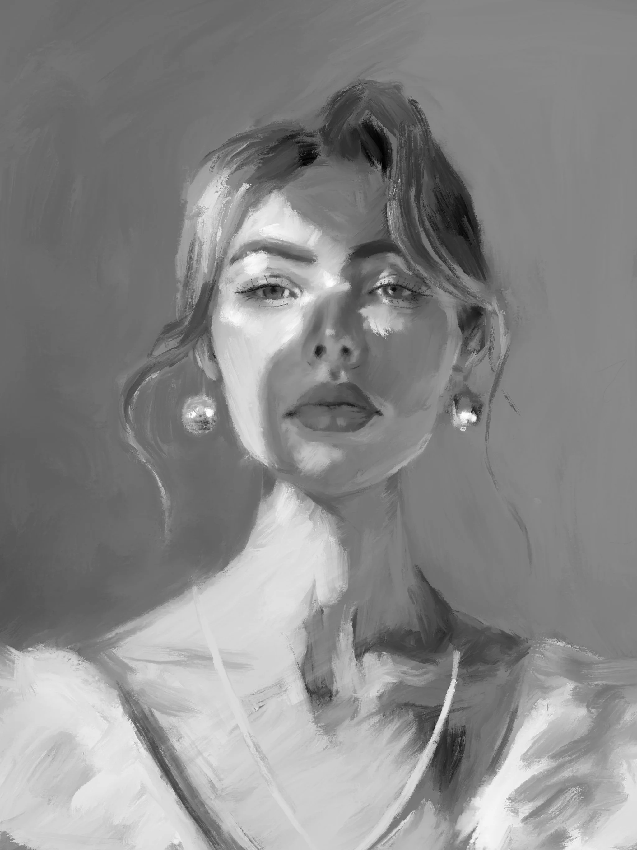 A grayscale portrait of a woman with wavy hair, wearing earrings and a necklace.