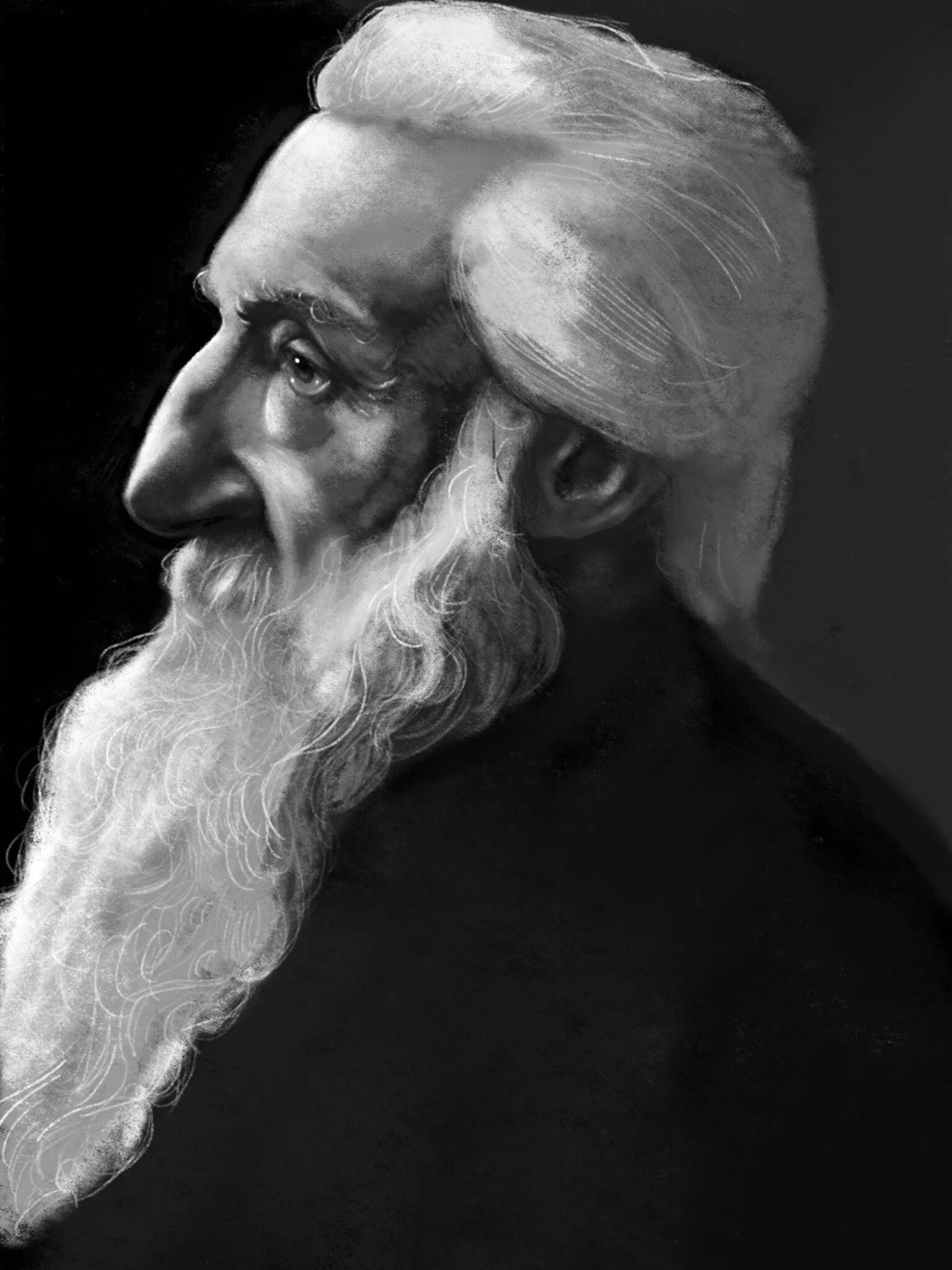 Side profile of an elderly man with a long white beard and white hair, against a dark background.