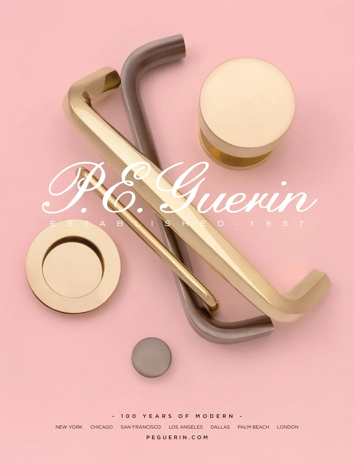 Peggy P. E. Guerin commercial advertisement with gold-colored and gray hardware pieces on a pink background, featuring the brand name and website.