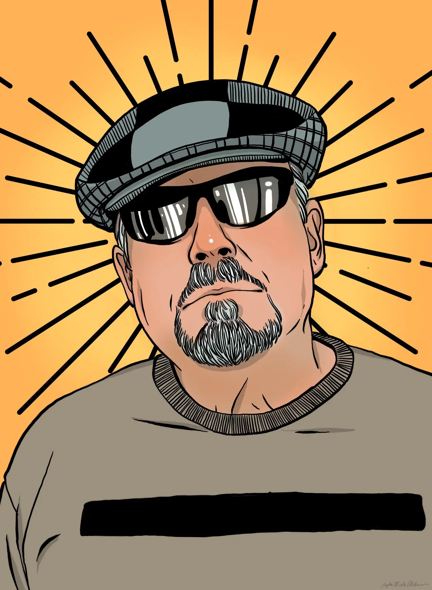 Digital illustration of a man with sunglasses, gray beard, and cap, with a radiant halo-like background.
