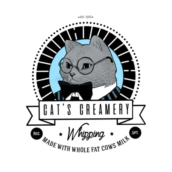 Logo for GAT'S CREAMERY featuring a cartoon cat wearing glasses and a bow tie, with a blue background, and text indicating it is a whipping cream made with whole fat cows milk.
