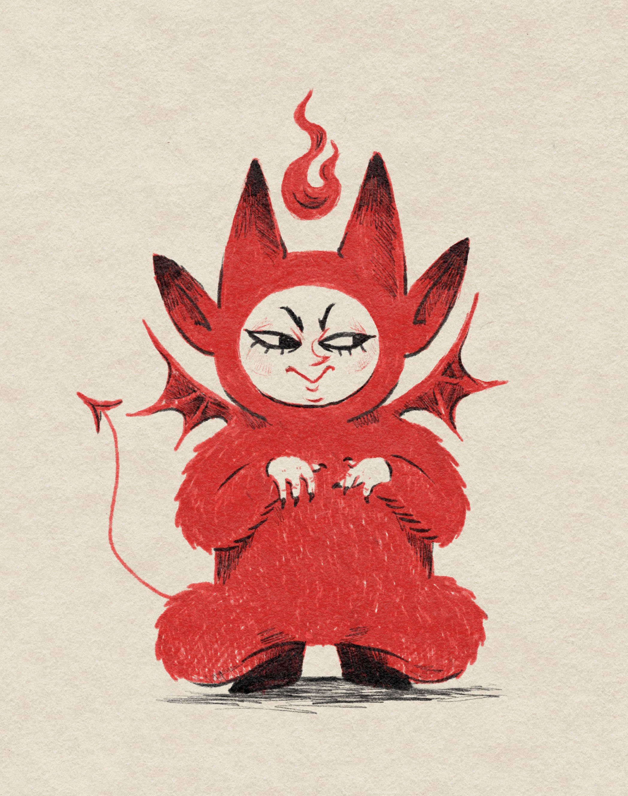 A cartoon illustration of a cute red devil-like creature with horns, bat wings, and a tail, standing with a confident expression and closed eyes, on a beige background.