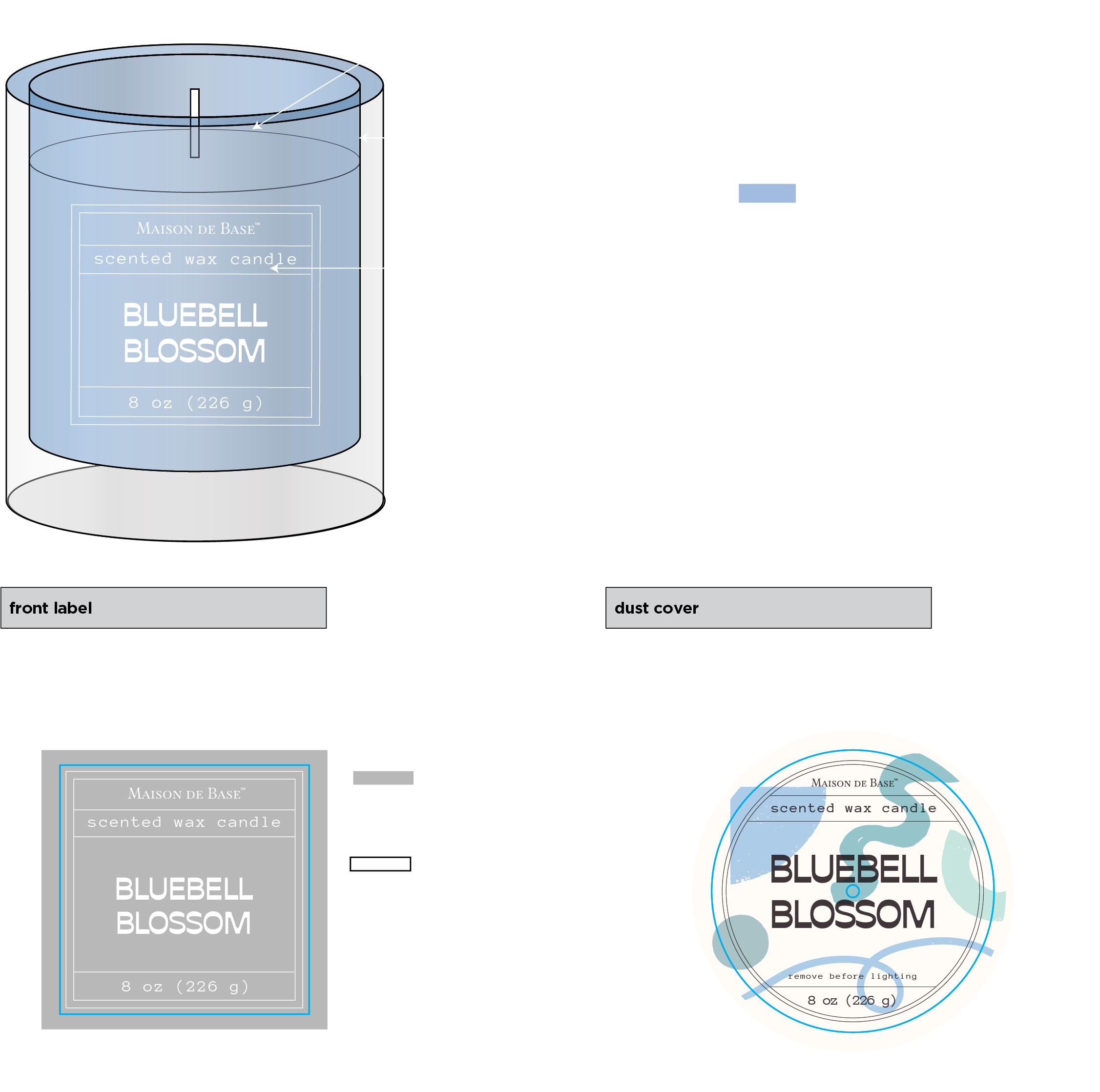 Diagram of a scented wax candle labeled 'Bluebell Blossom' in a glass container. The candle has a dust cover, a label with specific printing instructions, and details about materials used, such as paraffin wax, palm, and fragrance. The label notes th