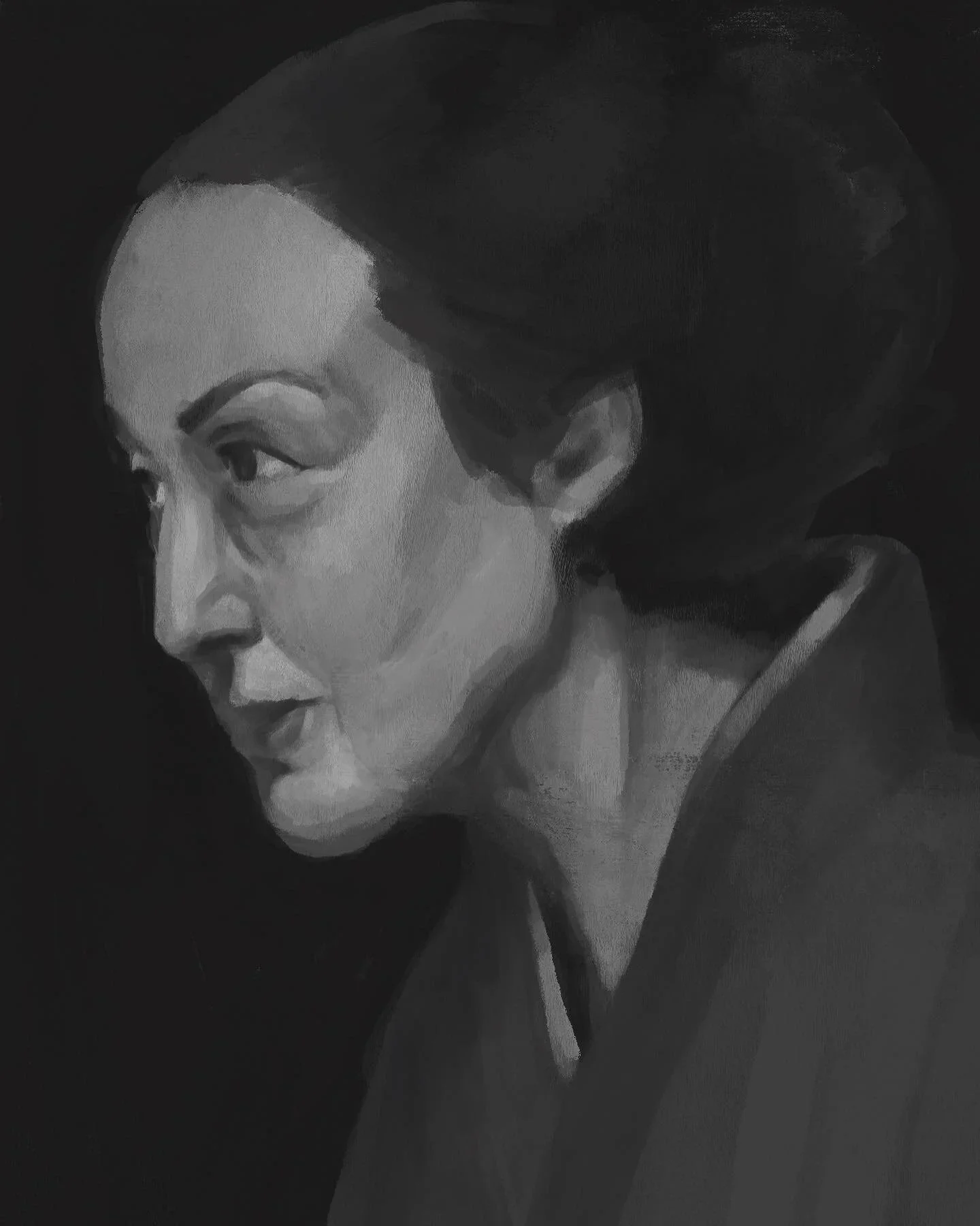 Black and white portrait of a woman with dark hair styled back, wearing dark clothing, looking to the left.