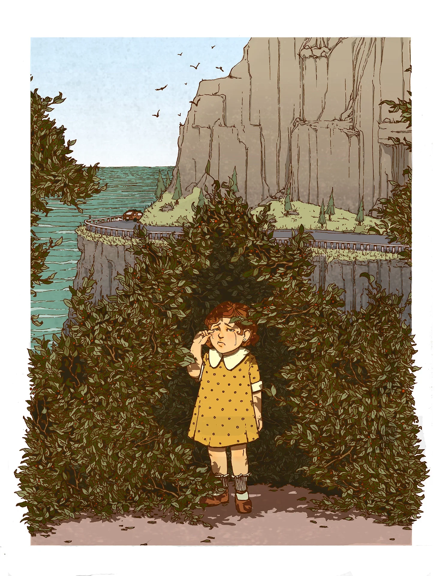 A girl with a sad expression standing behind bushes, with her hand on her face, near a cliffside with a road and car, in a scenic landscape with mountains in the background.
