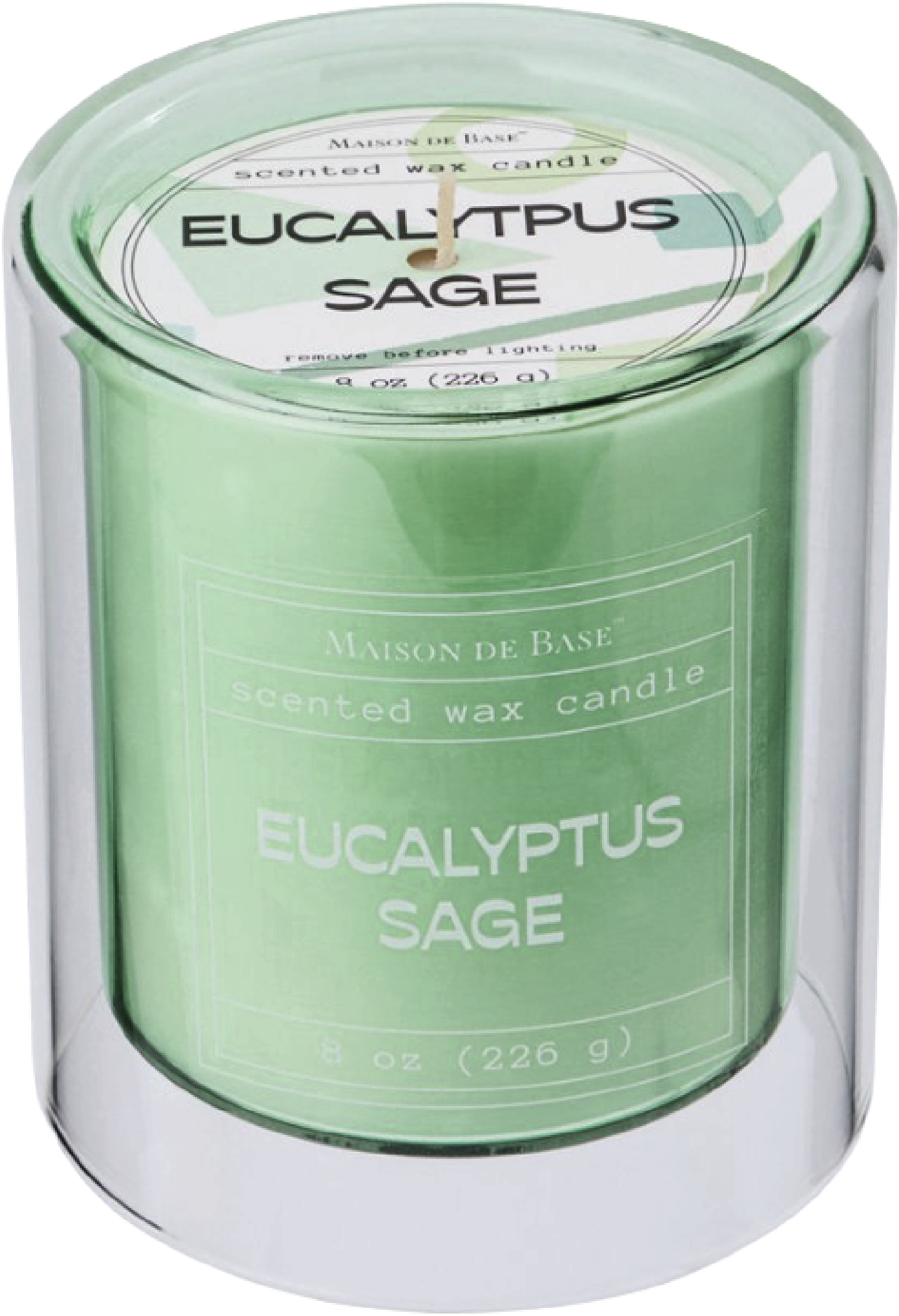 A green scented wax candle in a metal tin with a pull-out wick. The label indicates it is eucalyptus and sage scent, with a capacity of 8 ounces.